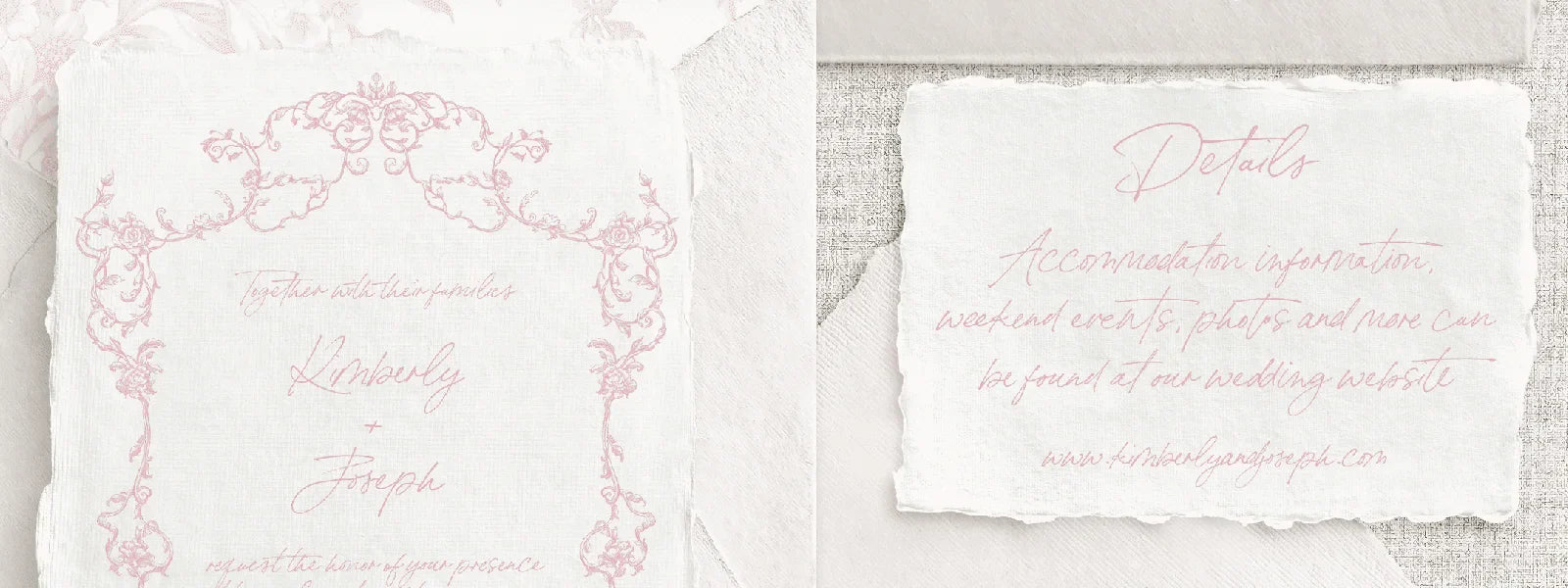 Invitație de nuntă handmade pe hârtie manuală de epocă, papetărie fină de lux cu model baroc roz pudrat și detalii elegante, realizată de Diandra Events.