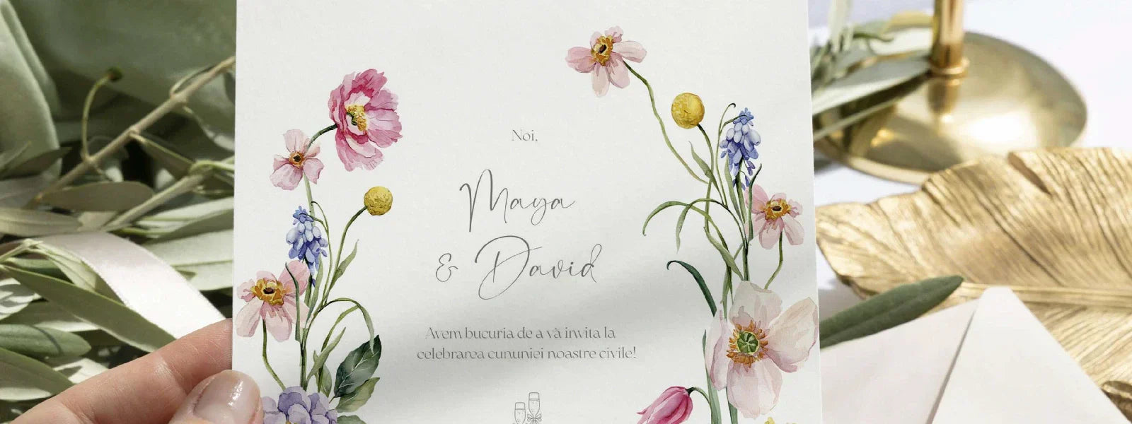 Invitație de nuntă cu flori acuarelă colorate, design romantic și delicat de vară, semnat Diandra Events.