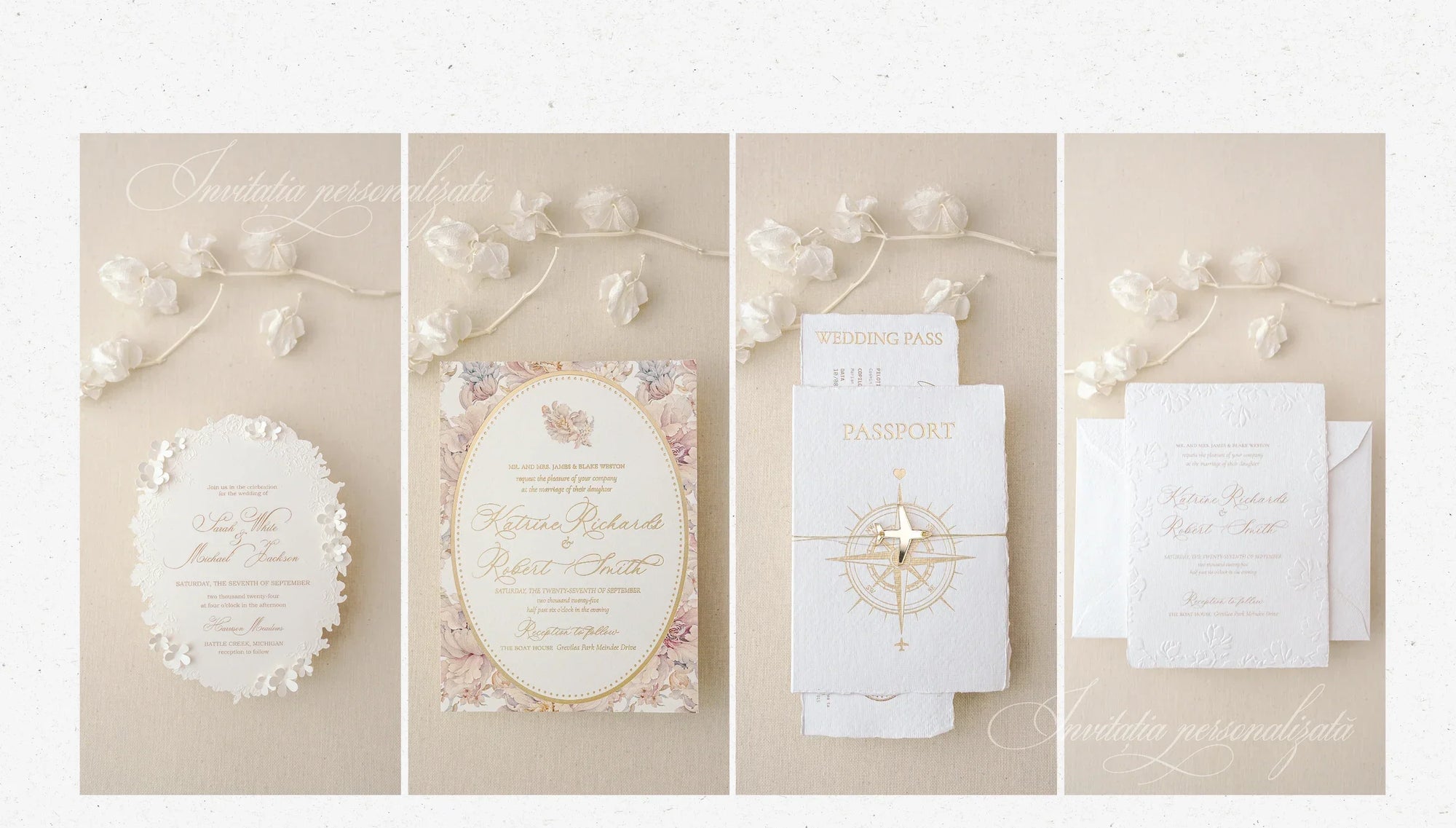 Banner invitații nuntă personalizate handmade premium cu hârtie manuală, design elegant – Diandra Events