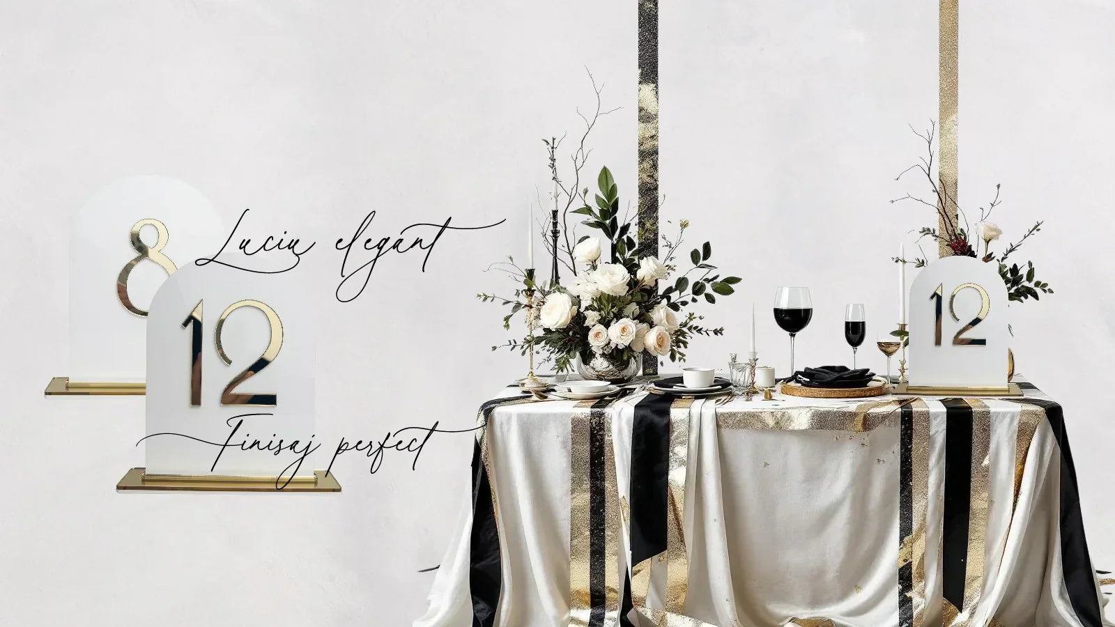 Numere de masă acrilice din plexiglass alb cu detalii aurii, decor lux nuntă elegantă cu aranjamente florale și masă premium, Diandra Events