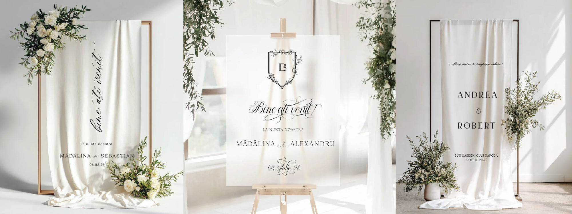 Decor nuntă cu panou de bun venit personalizabil pentru miri și invitați Diandra Events