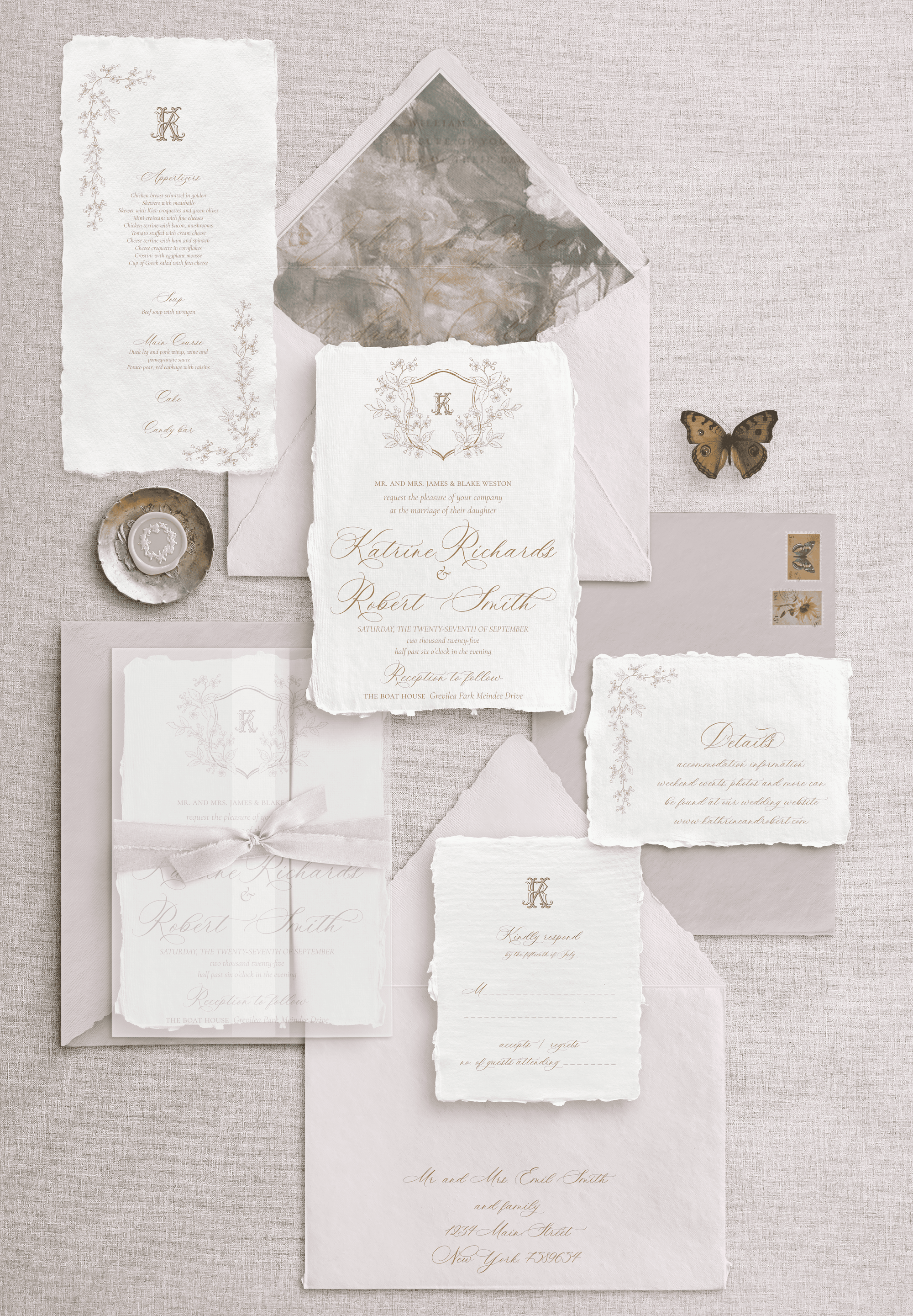 Set invitații nuntă hârtie manuală handmade cu monogramă florală elegantă, design romantic papetărie de lux fine art – Diandra Events