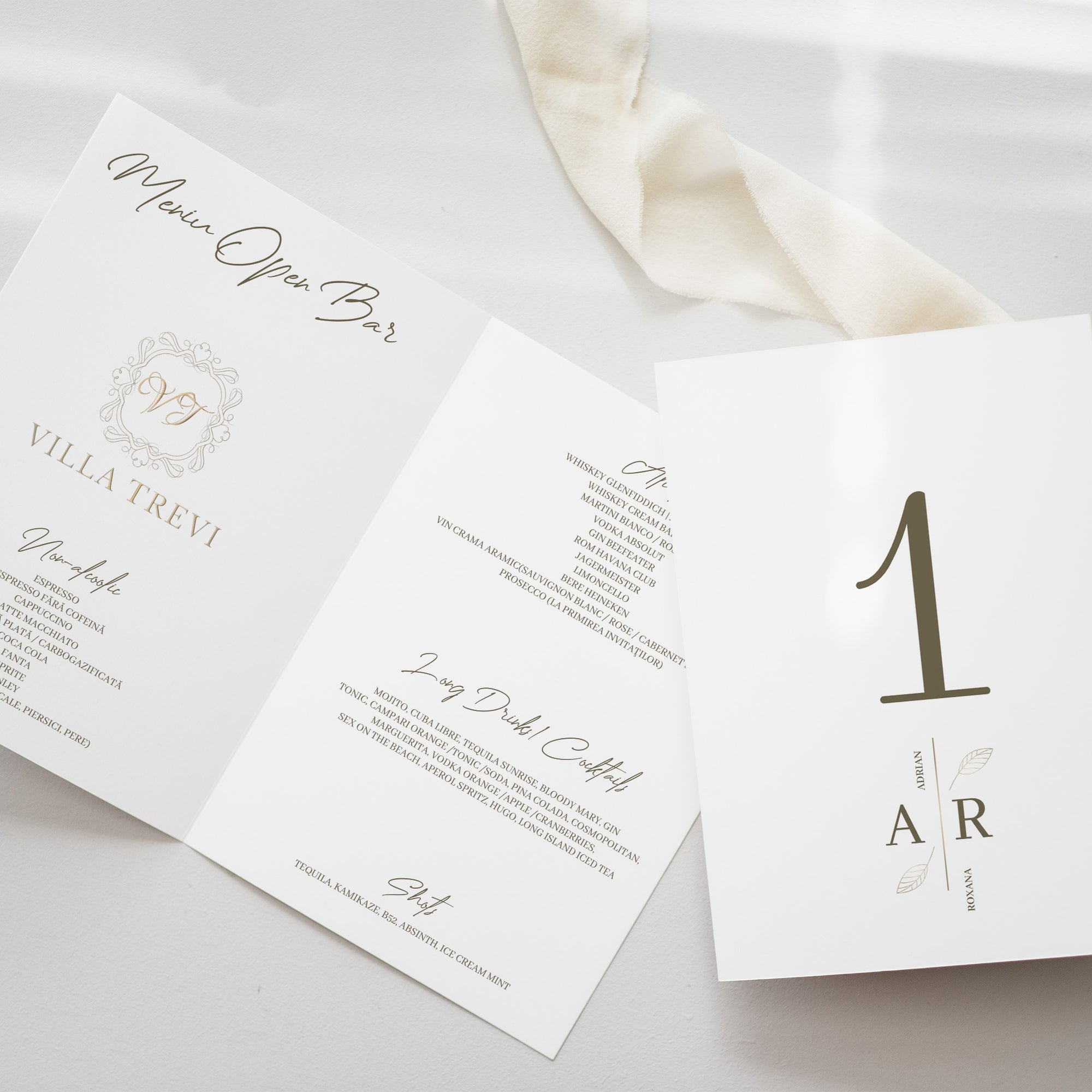 Meniu carton premium tip carte Diandra Events, handmade, potrivit pentru decor masă nuntă.
