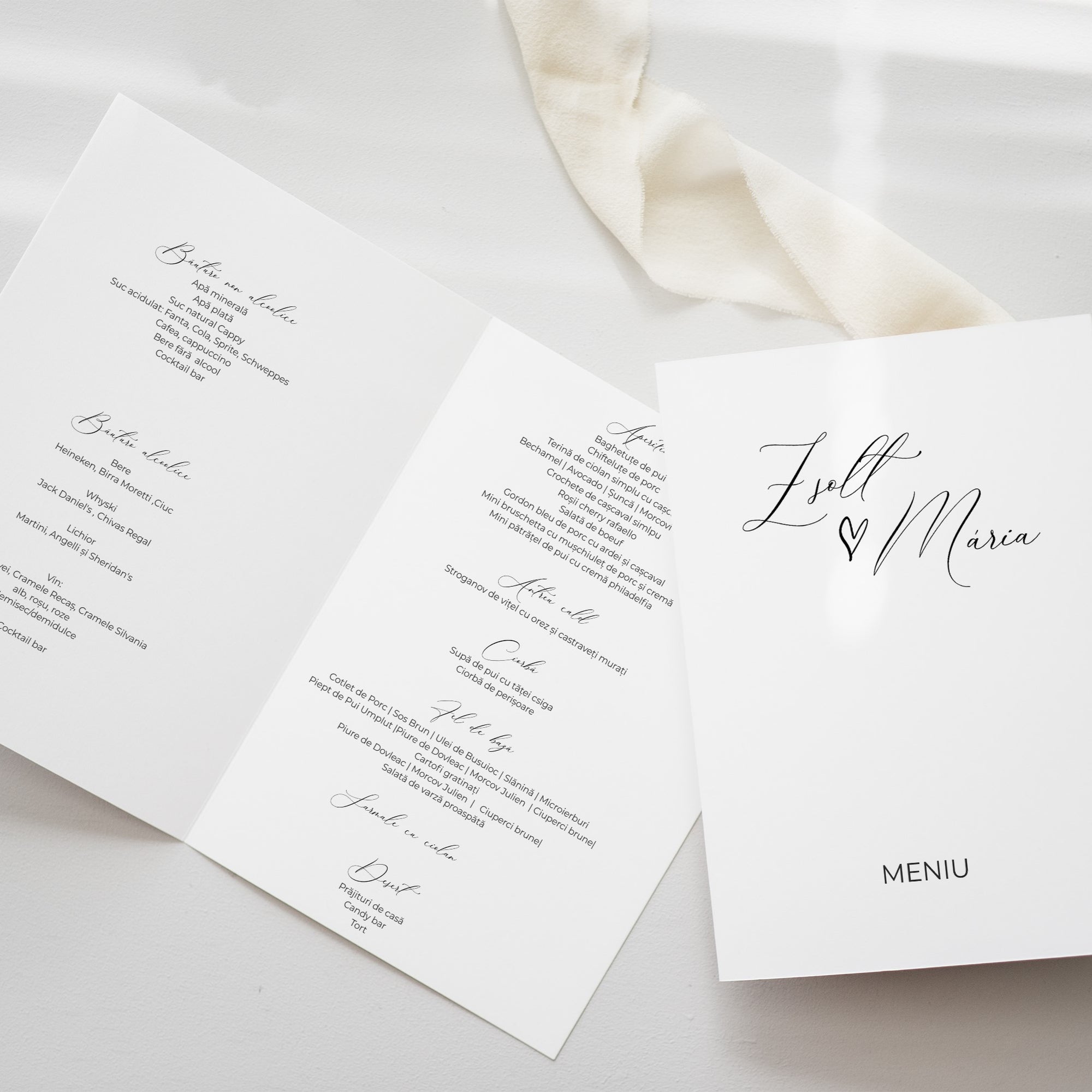 Meniu nuntă tip carte Diandra Events, personalizat cu temă rustică și carton premium.