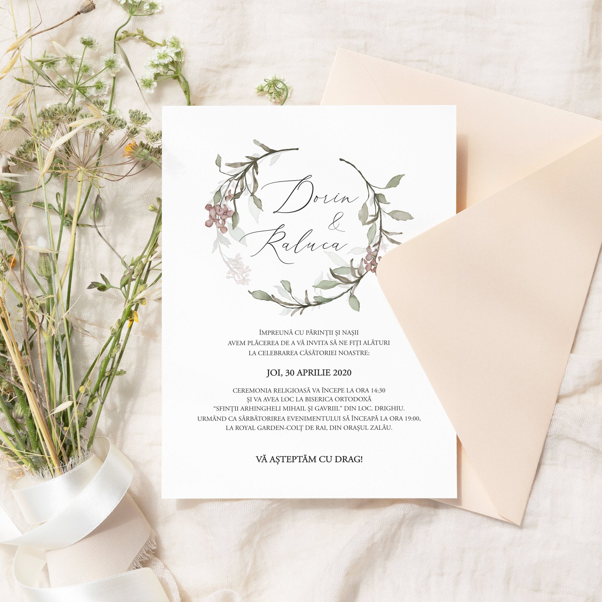 nvitație nuntă florală boho acuarelă elegantă cu coroniță, papetărie premium de lux – Diandra Events