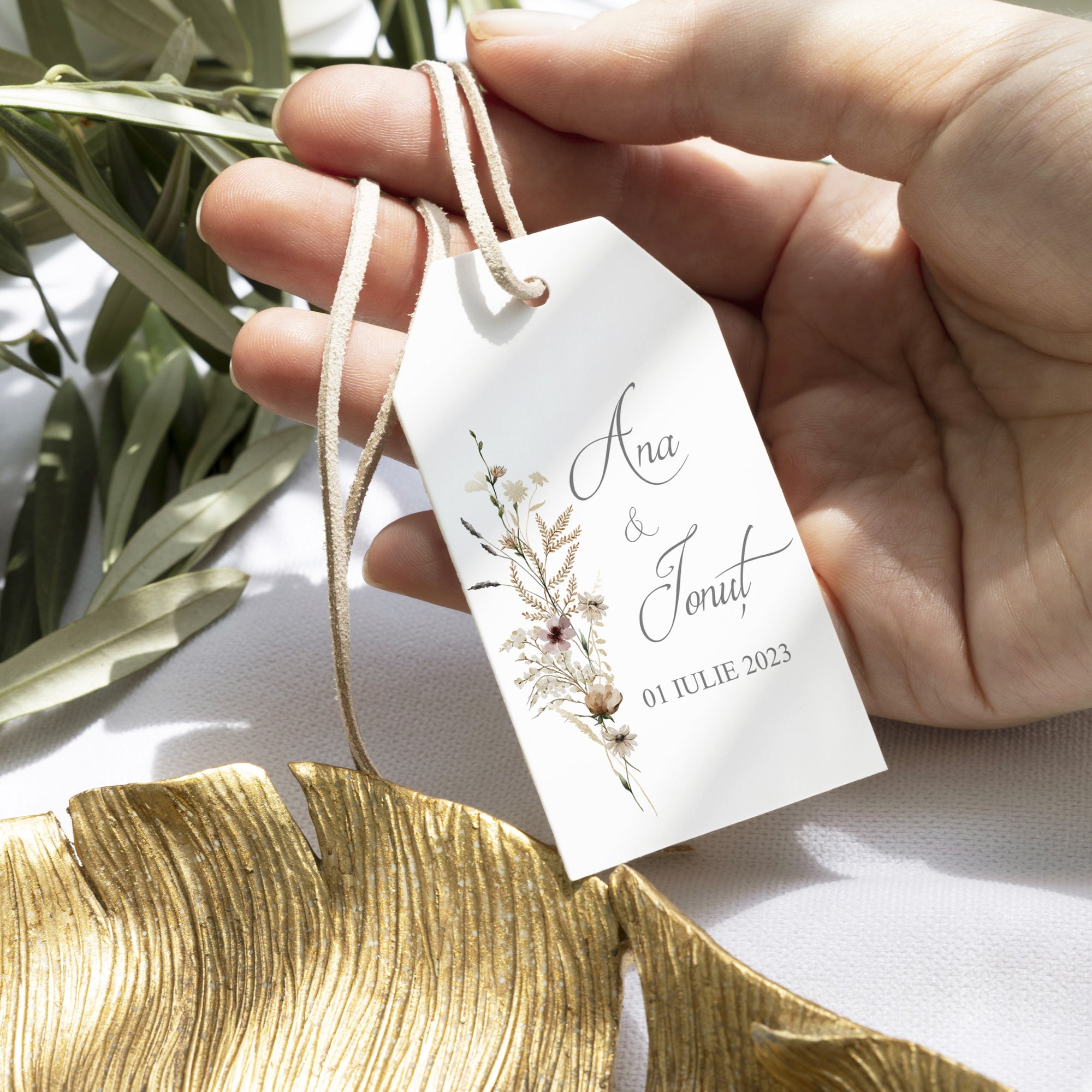 Etichetă Thank You nuntă Anne cu flori sălbatice, tag floral elegant papetărie premium de lux – Diandra Events