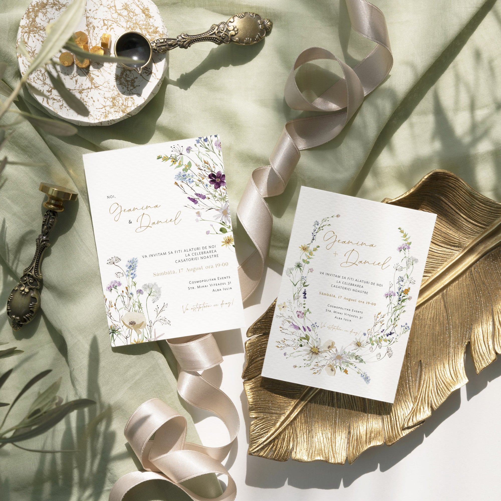 Set invitație de nuntă romantică florală cu meniu și etichete personalizate – Diandra Events