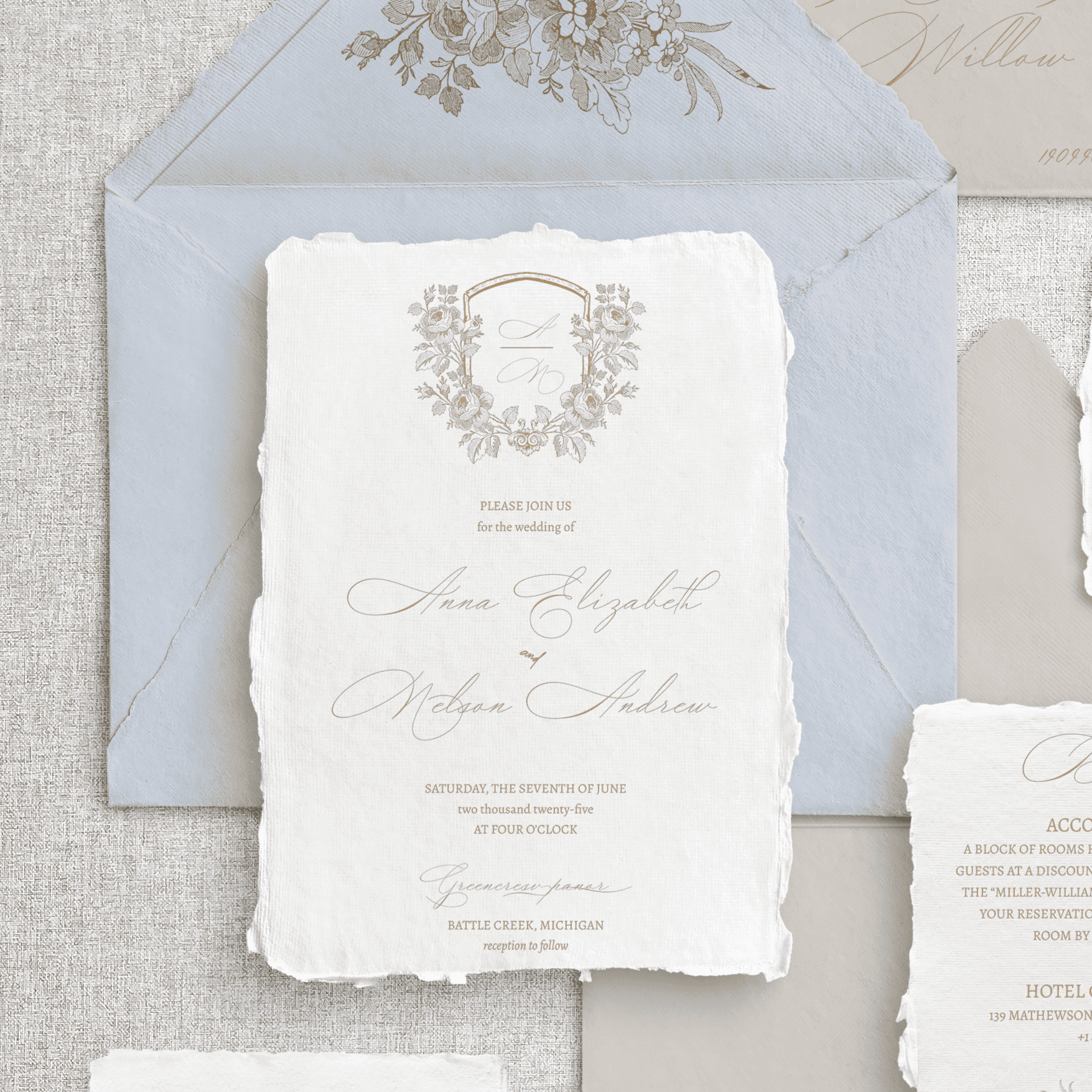 Invitație unică handmade florală fine art, romantică, pe hârtie manuală de calitate premium, realizată de Diandra Events