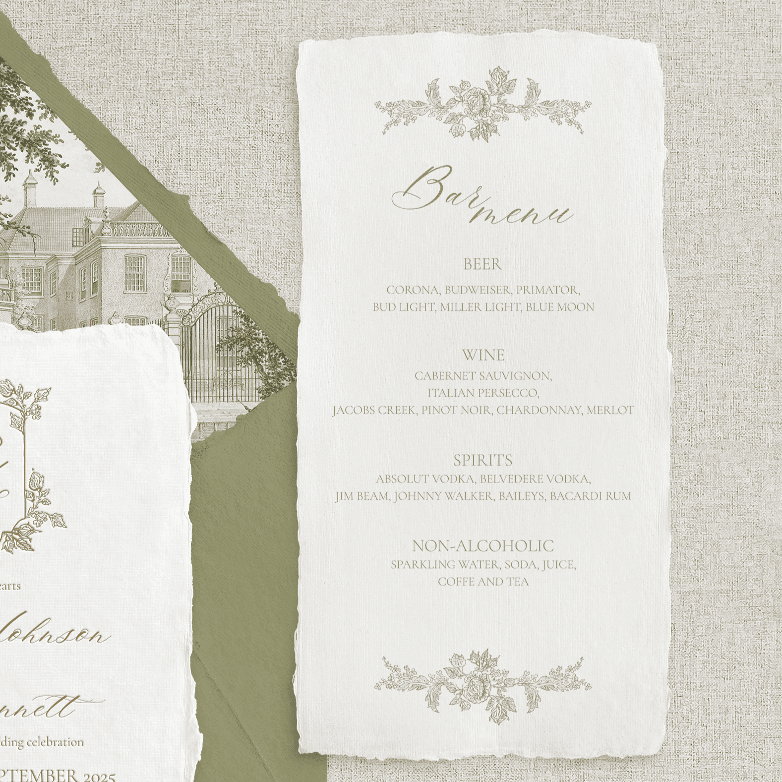 Meniu bar nuntă hârtie manuală handmade elegant, papetărie de lux fine art personalizată – Diandra Events