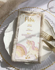 Meniu individual botez unicorn roz cu accente aurii, personalizat cu nume și meniu, Diandra Events