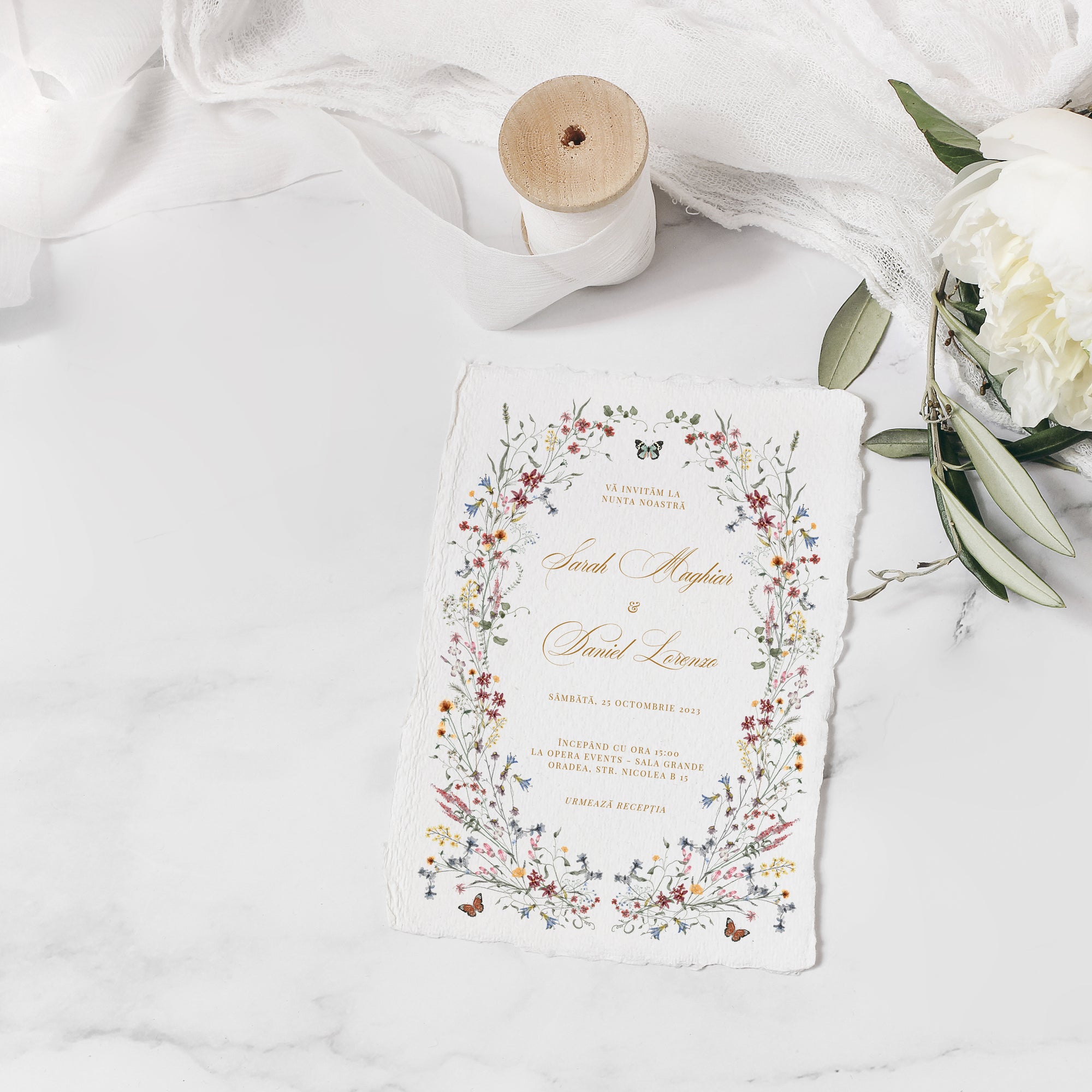 Invitație nuntă florală elegantă de vară, culori vibrante pe hârtie handmade premium – Diandra Events