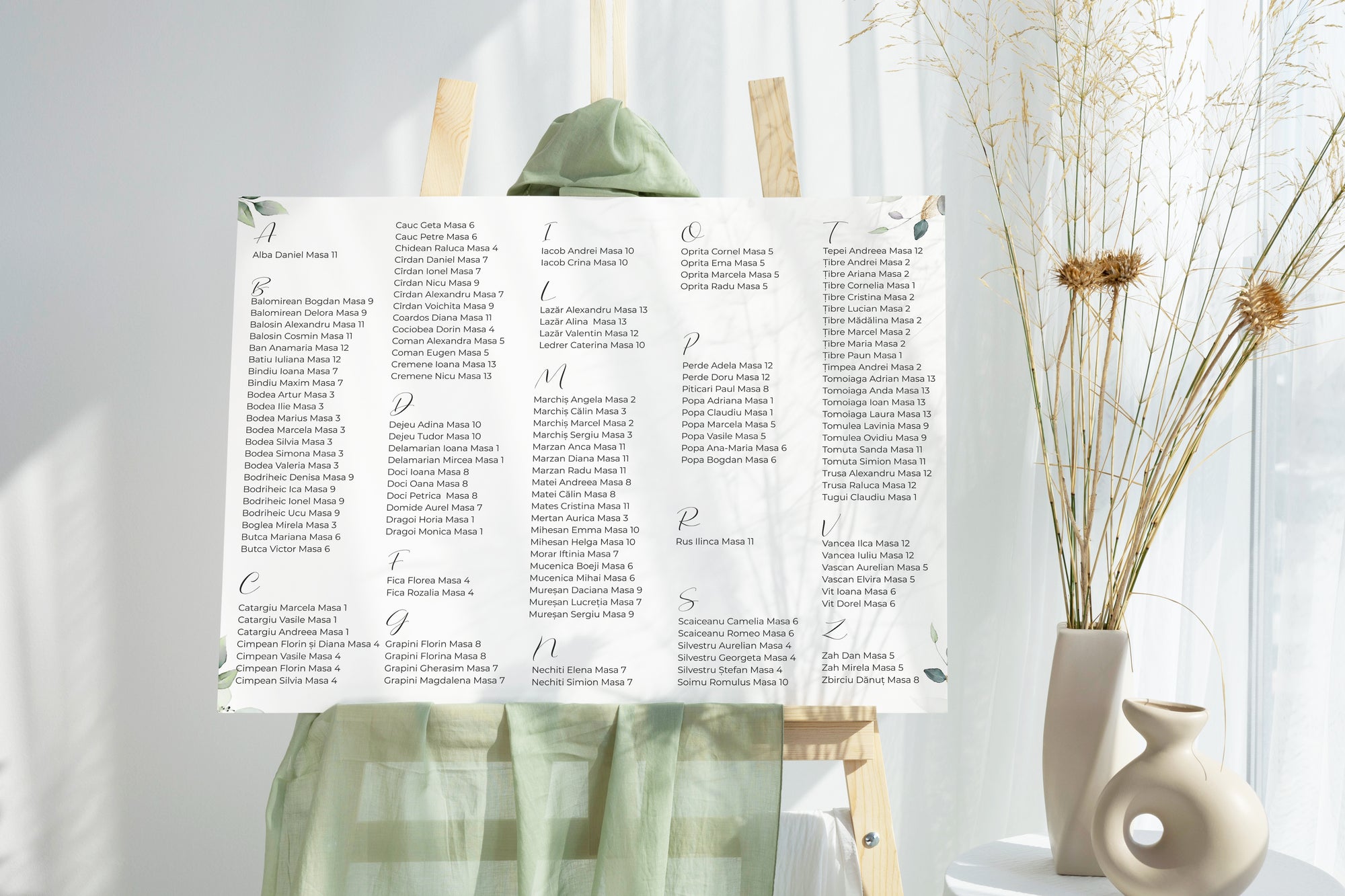 Plan masă acrilic alb cu imprimeu floral și titlu personalizat, model standard, Diandra Events