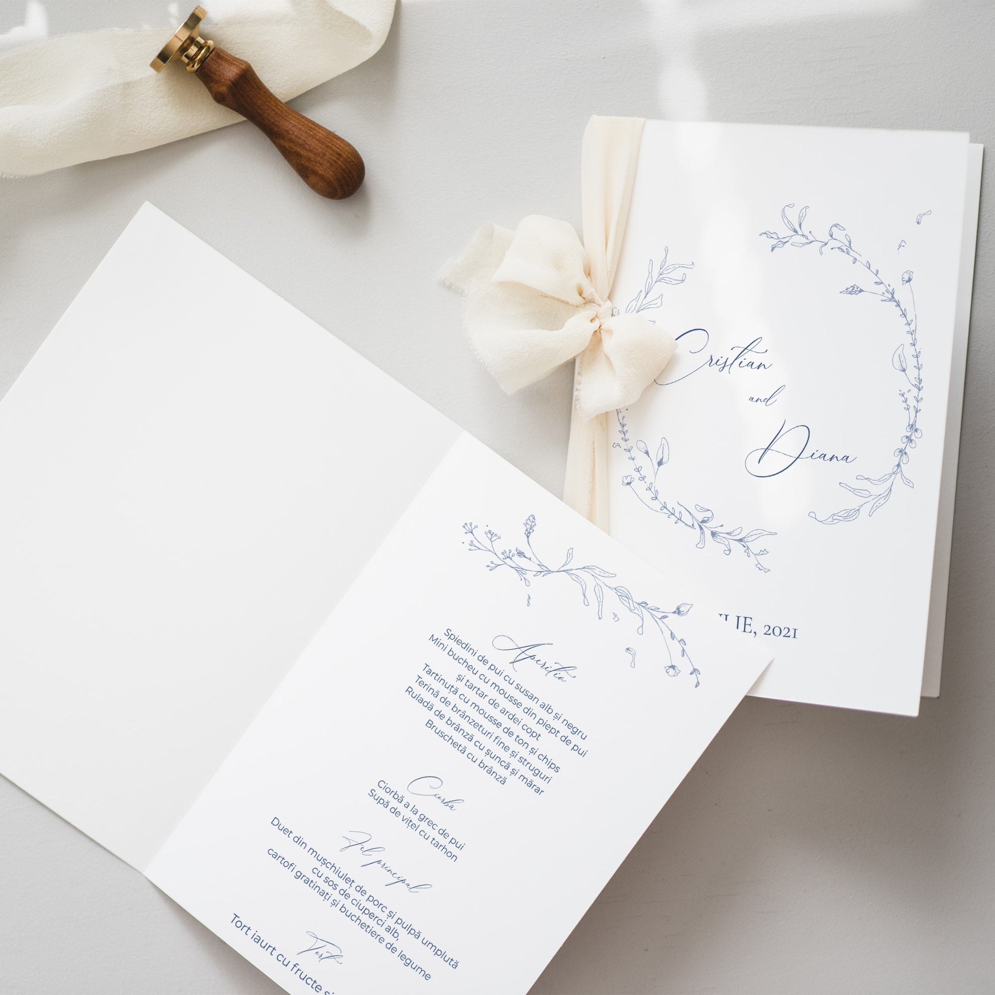 Meniu tip carte Diandra Events, carton premium handmade, perfect pentru evenimente speciale.