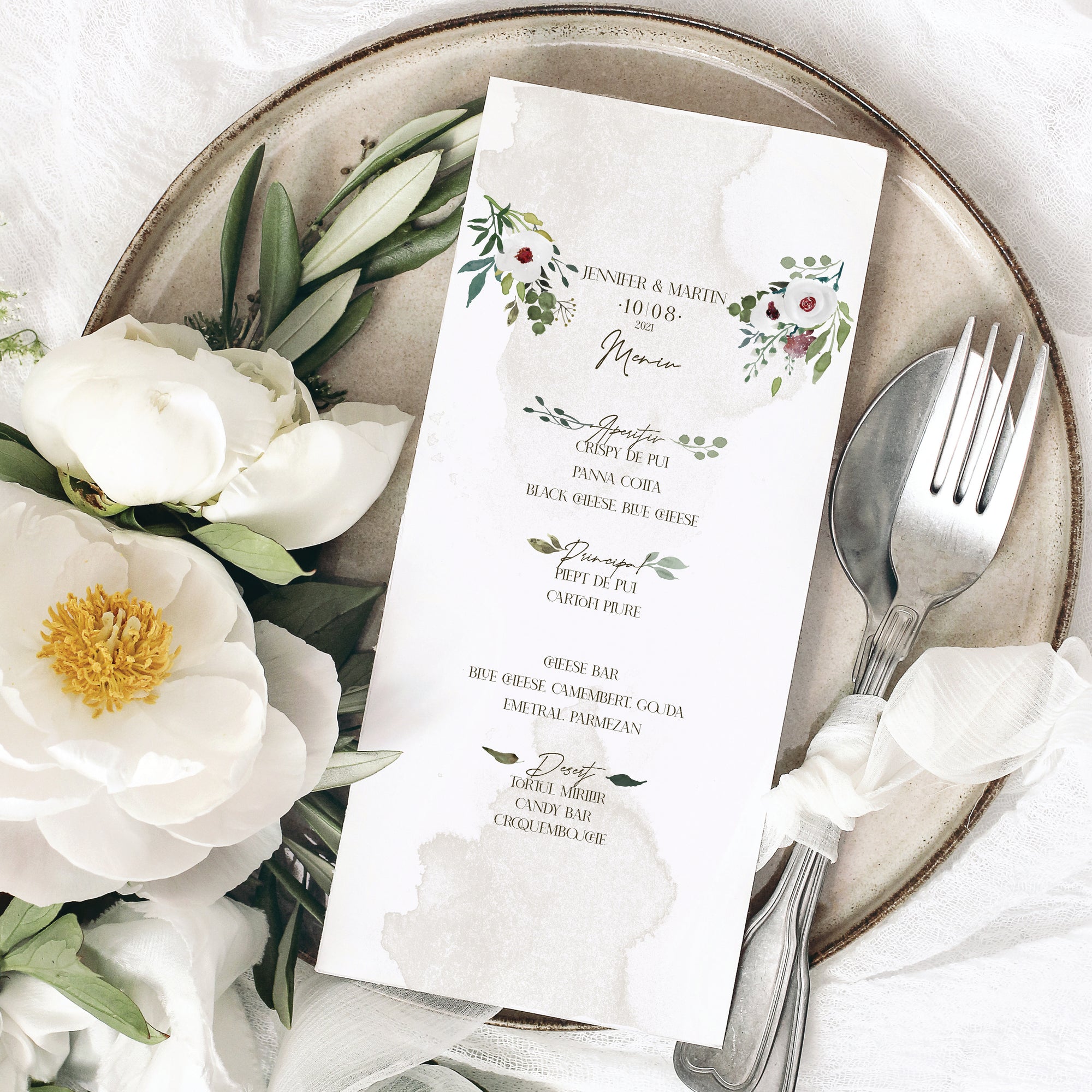 Meniu nuntă individual carton premium cu tonuri romantice – Diandra Events.
