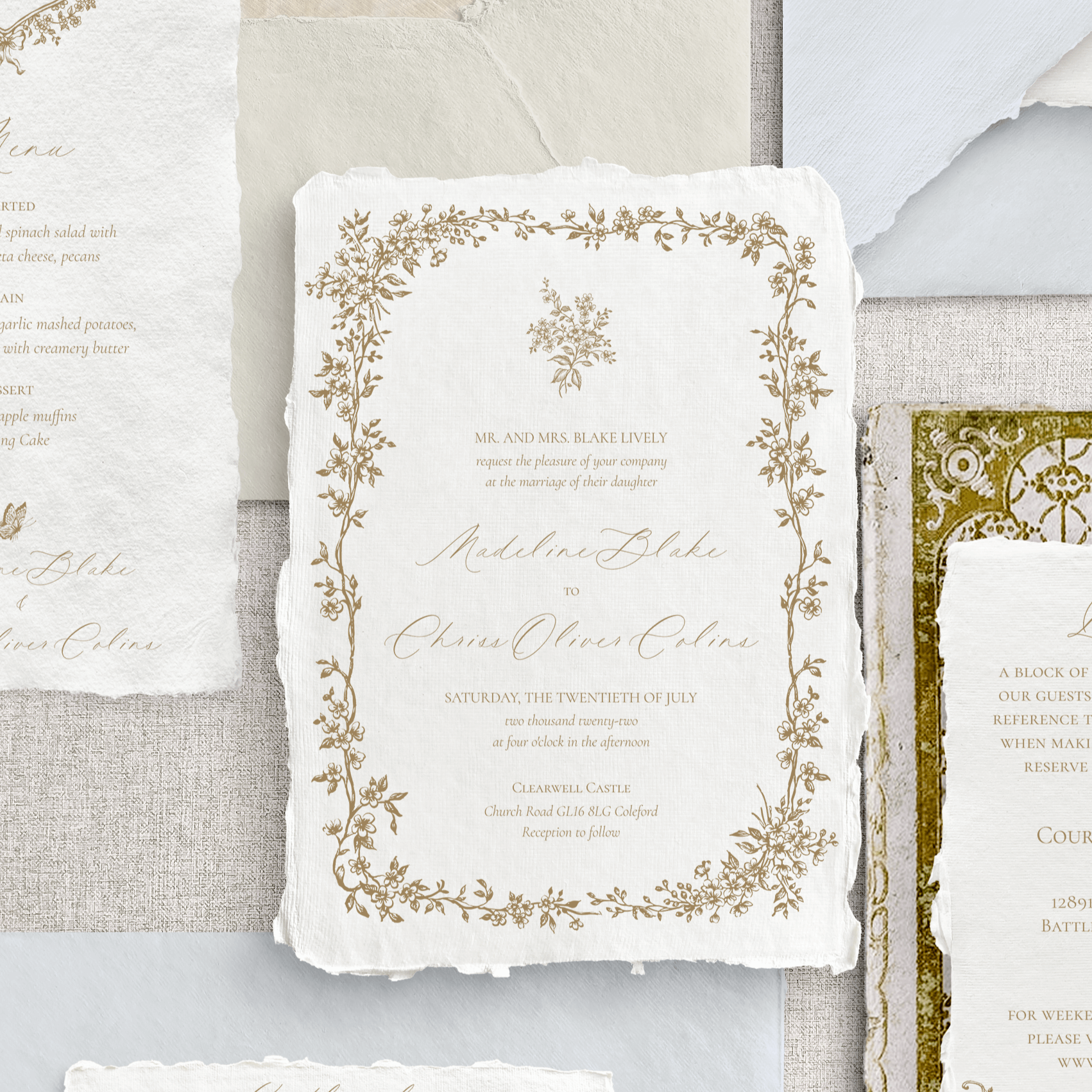 Invitație nuntă pe hârtie handmade premium cu embosare aurie – papetărie de lux România – Diandra Events