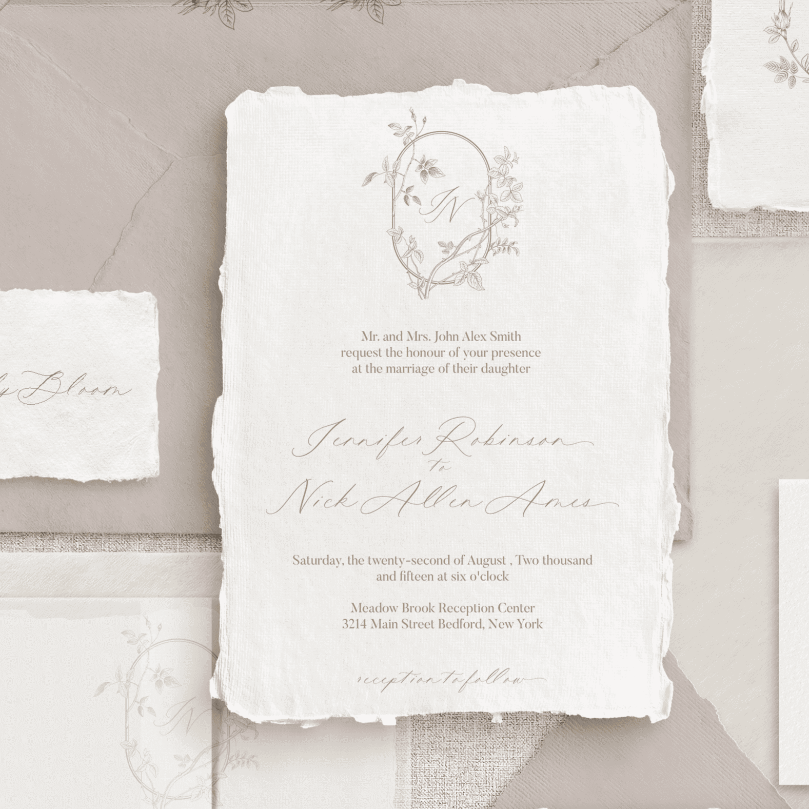 Invitație handmade elegantă cu monogramă florală și trandafiri, realizată de Diandra Events pe hârtie fine art