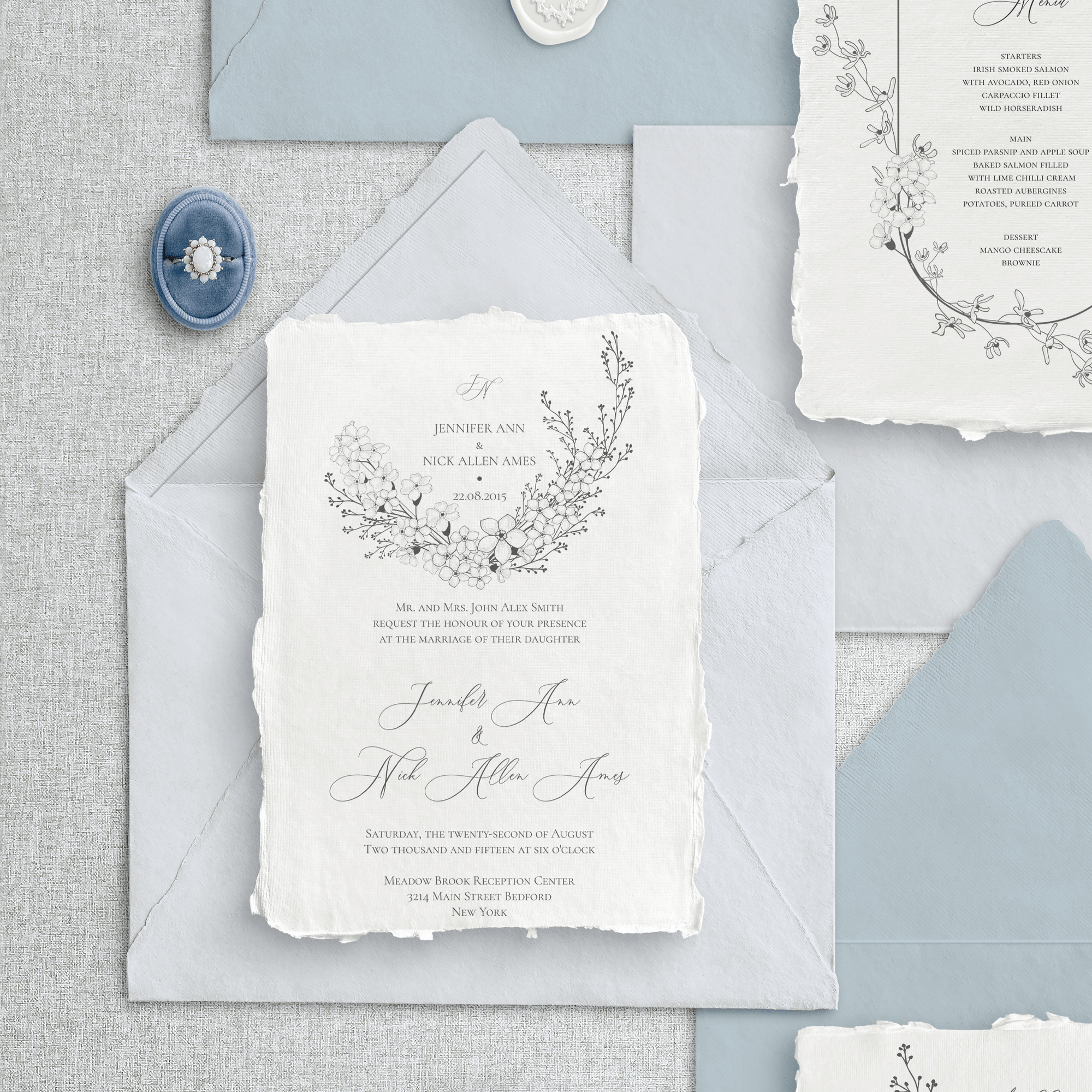 Invitație floral handmade din hârtie manuală, personalizată pentru nuntă, model elegant și delicat Diandra Events