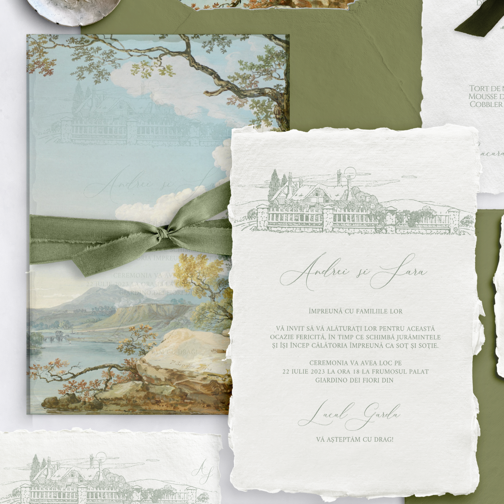 Invitație handmade elegantă pentru nuntă, realizată manual de Diandra Events pe hârtie texturată de calitate superioară