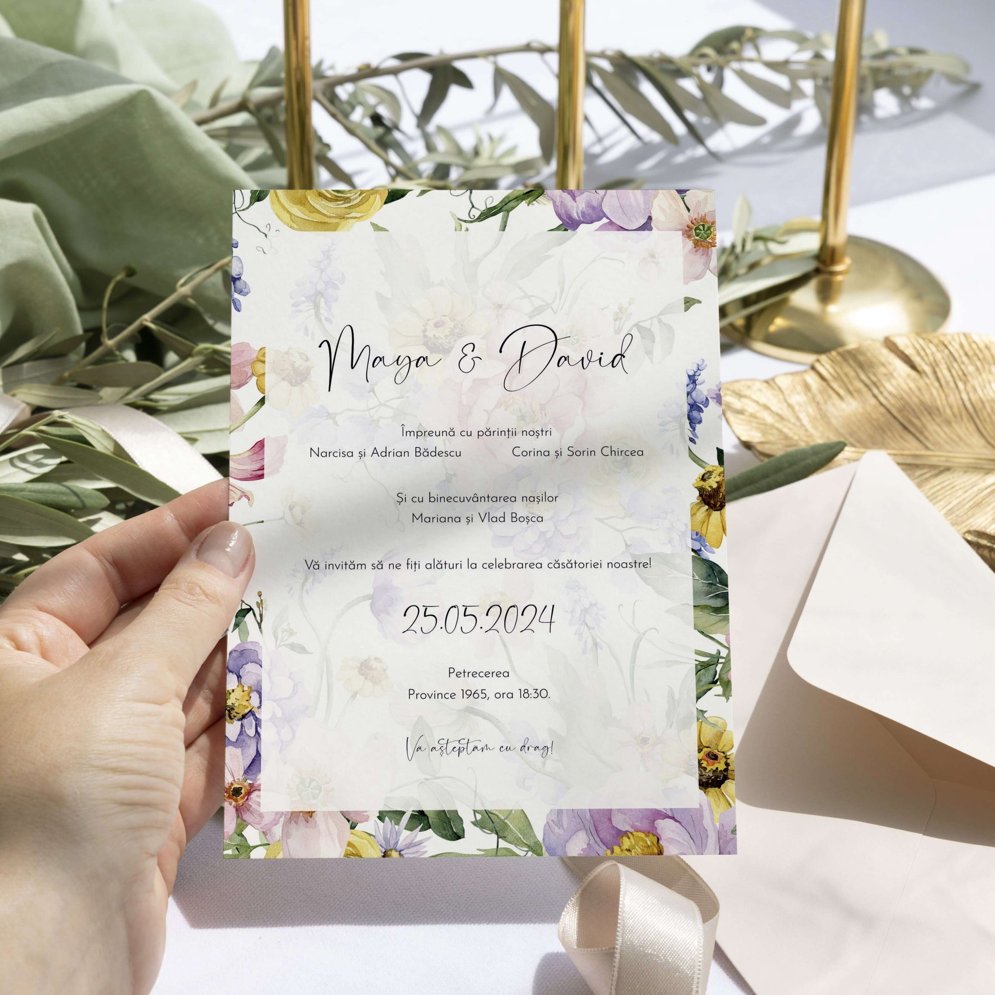 Invitație de nuntă premium cu design floral acuarelă – Diandra Events