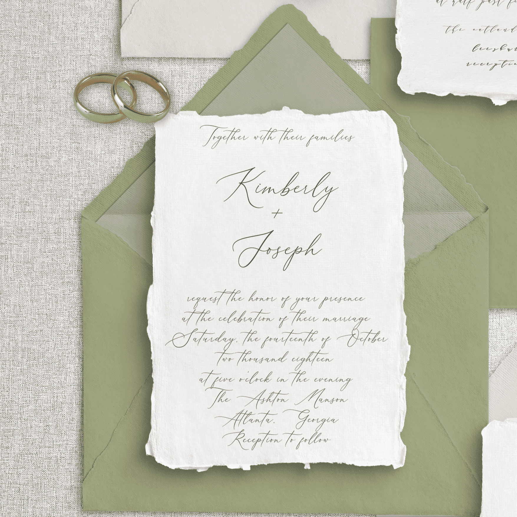 Invitație nuntă verde sage pe hârtie handmade cu detalii elegante fine art – Diandra Events România