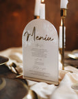 Meniu nuntă acrilic elegant cu fonturi caligrafice premium