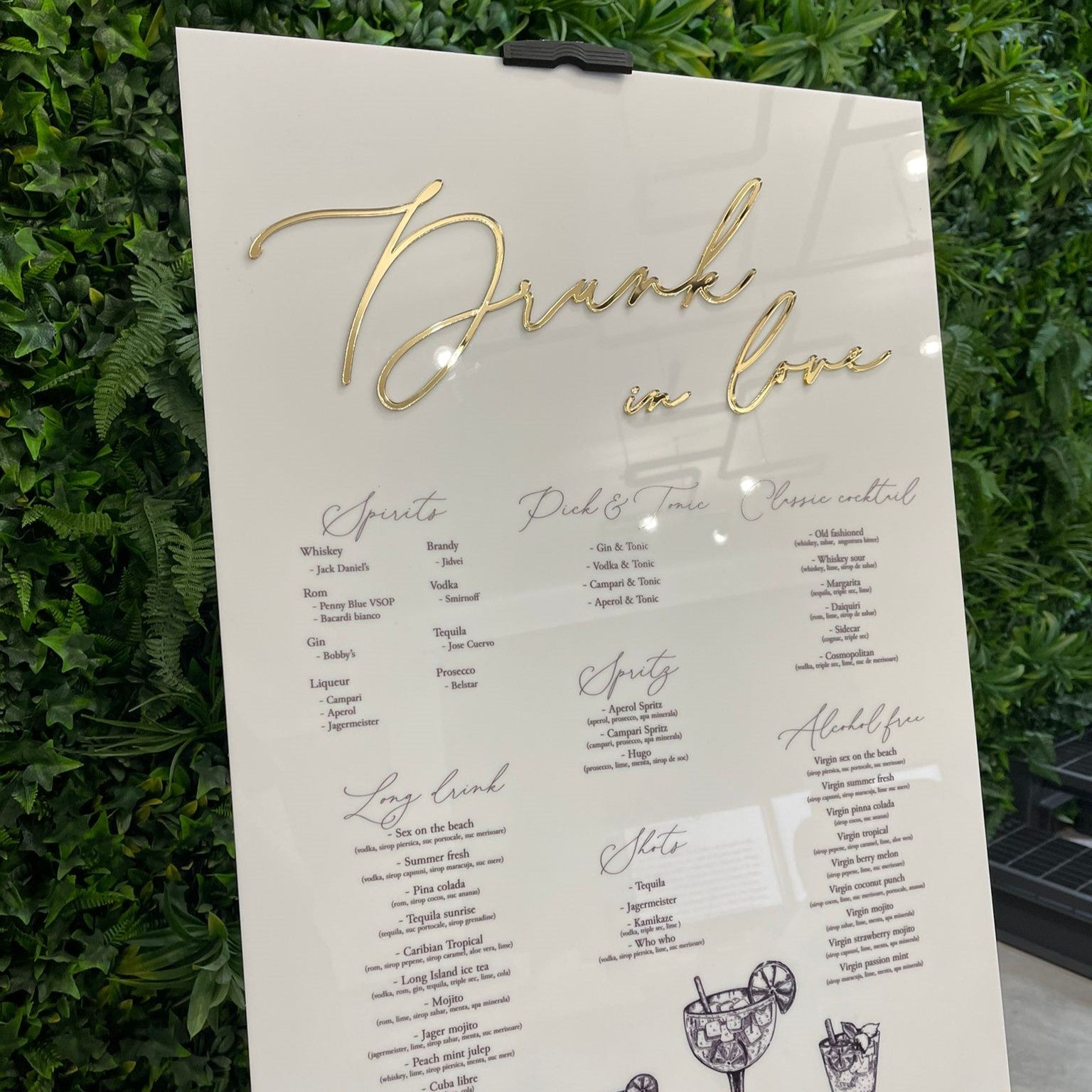 Meniu bar plexiglass elegant pentru nunți și evenimente premium, design modern