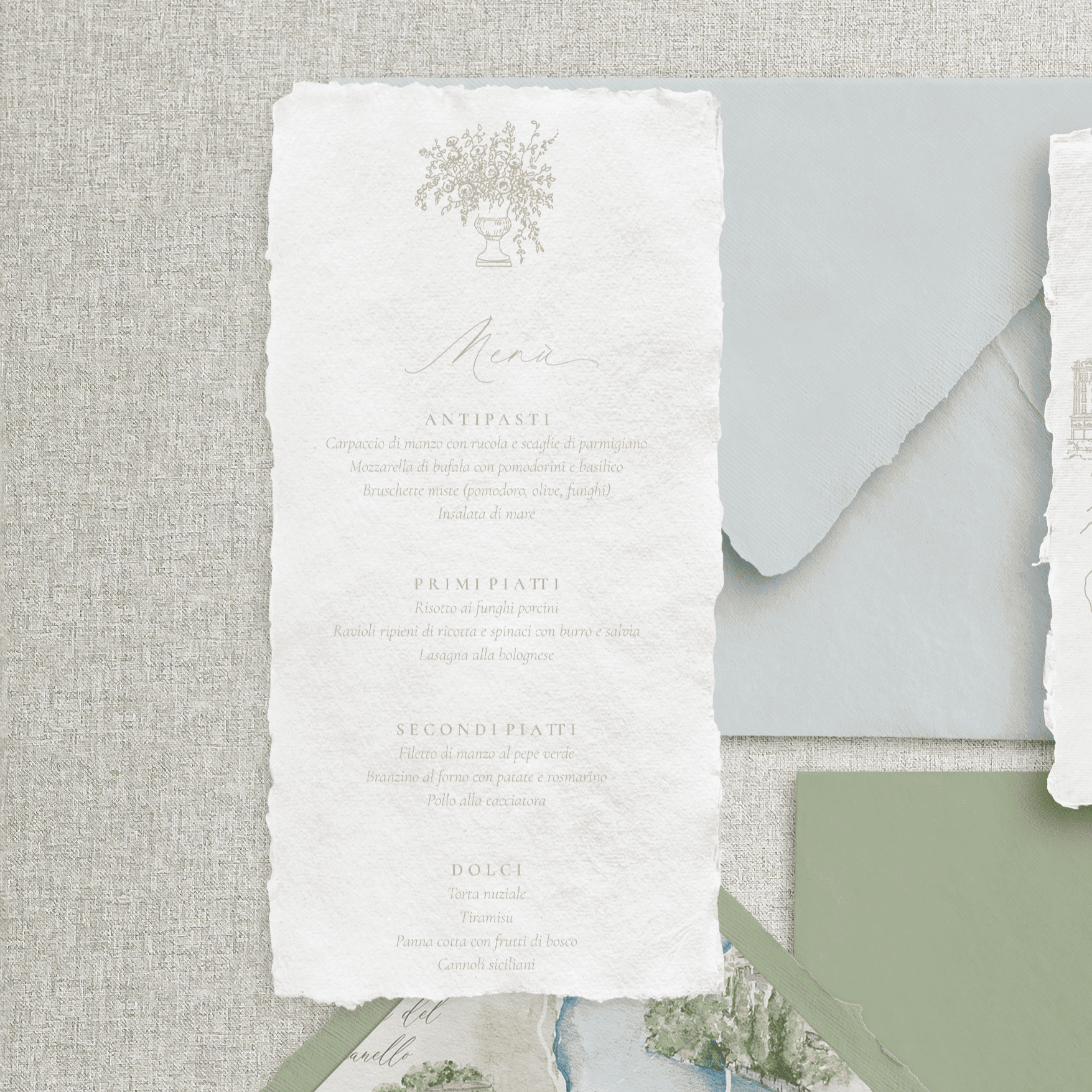 Meniu nuntă hârtie manuală handmade elegant, papetărie de lux fine art personalizată – Diandra Events