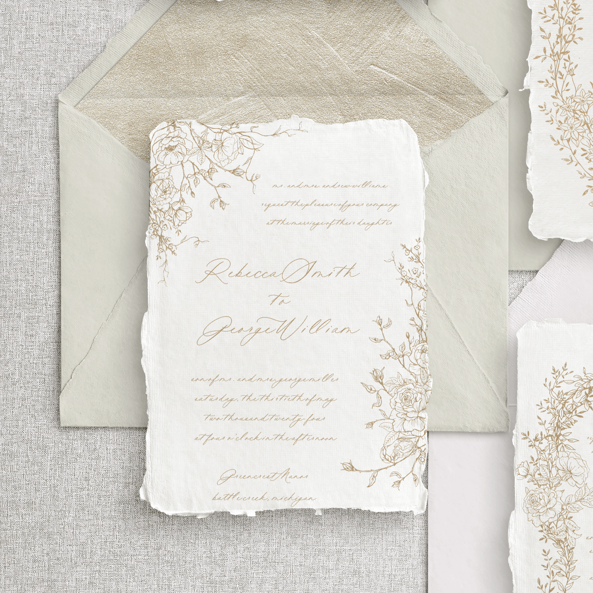 Invitație nuntă pe hârtie manuală premium cu aurire embosată și margini deckle edge – Diandra Events