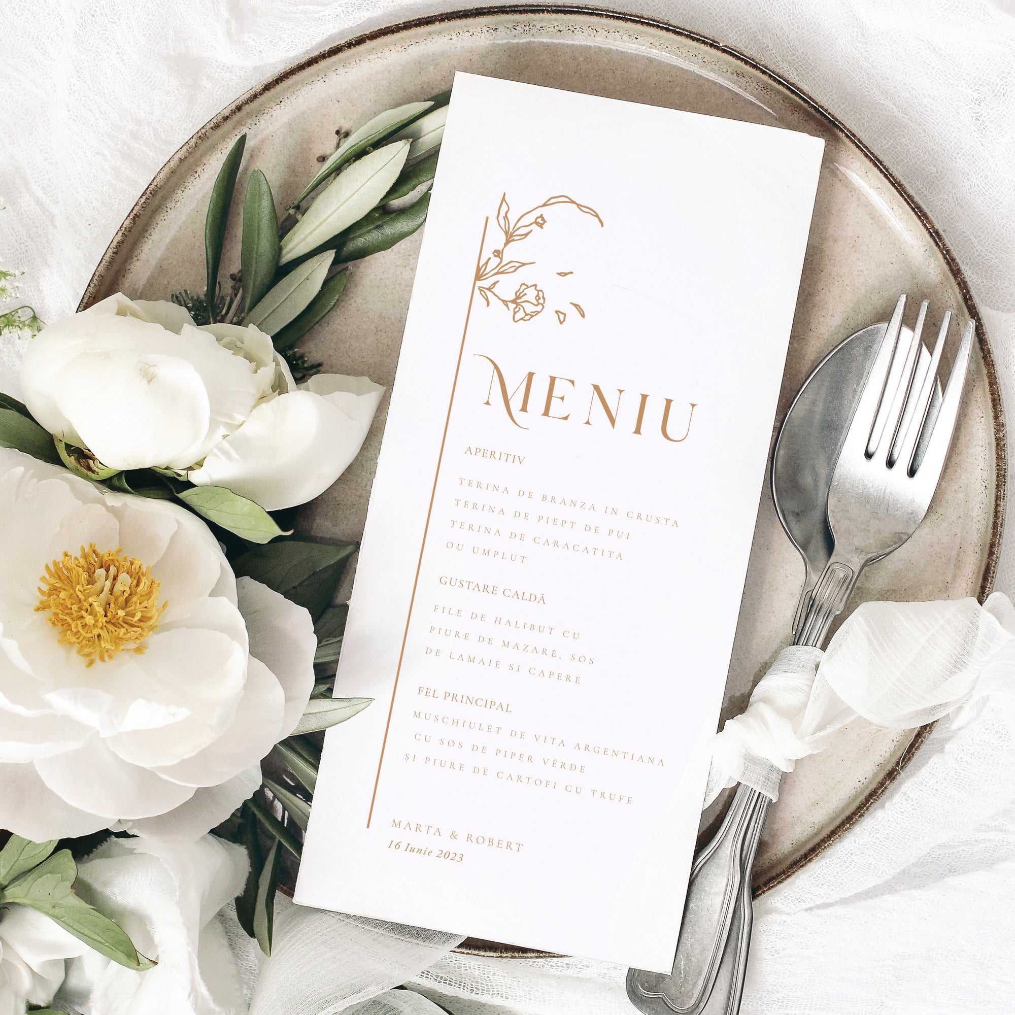 Meniu nuntă individual carton premium cu flori delicate – Diandra Events.
