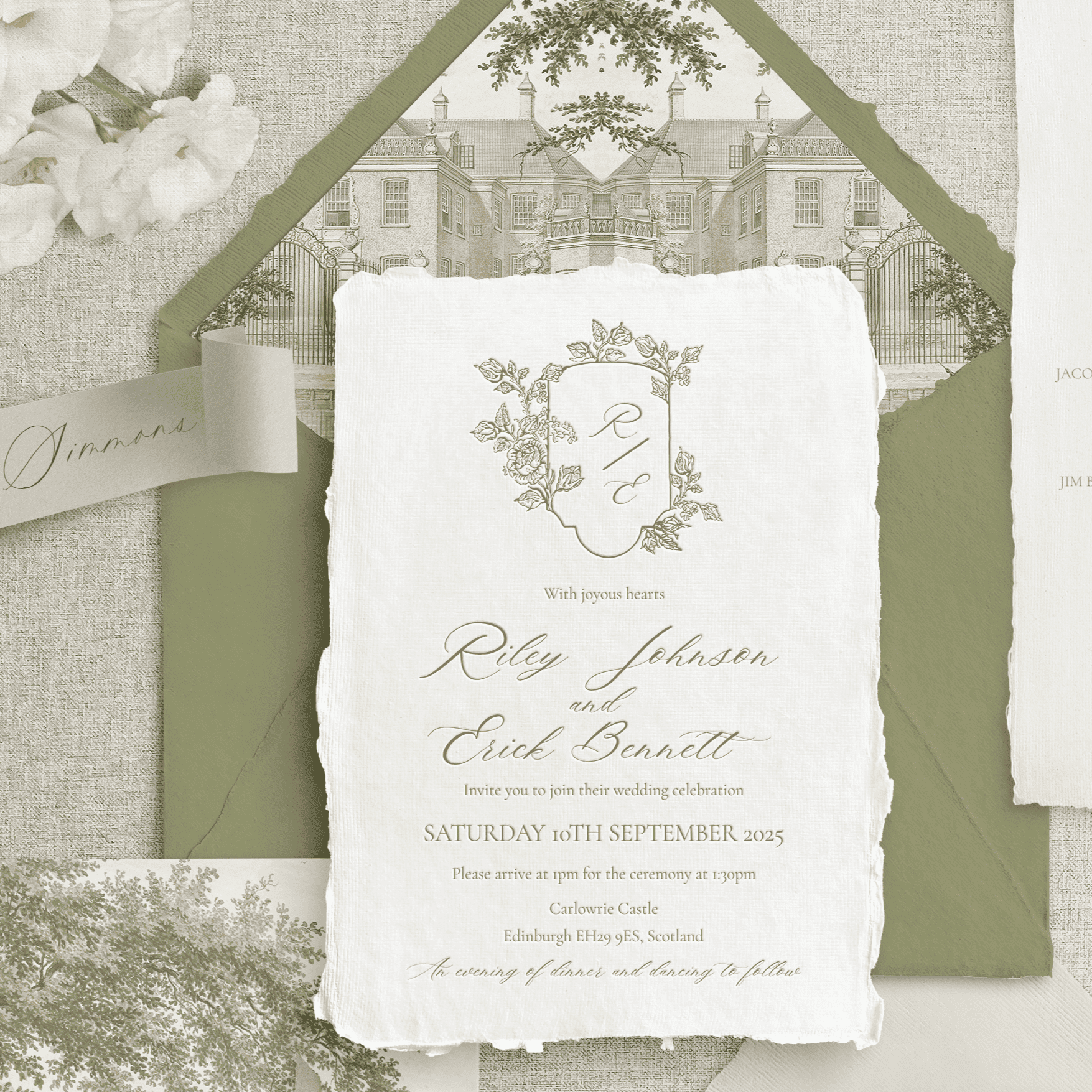 Invitație nuntă elegantă florală cu monogramă și trandafiri, hârtie handmade manuală unică fine art, papetărie de lux – Diandra Events