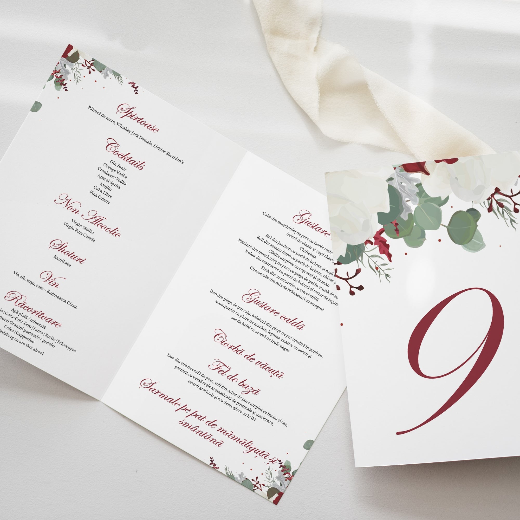 Meniu nuntă tip carte Diandra Events, handmade din hârtie carton premium, culori la alegere.