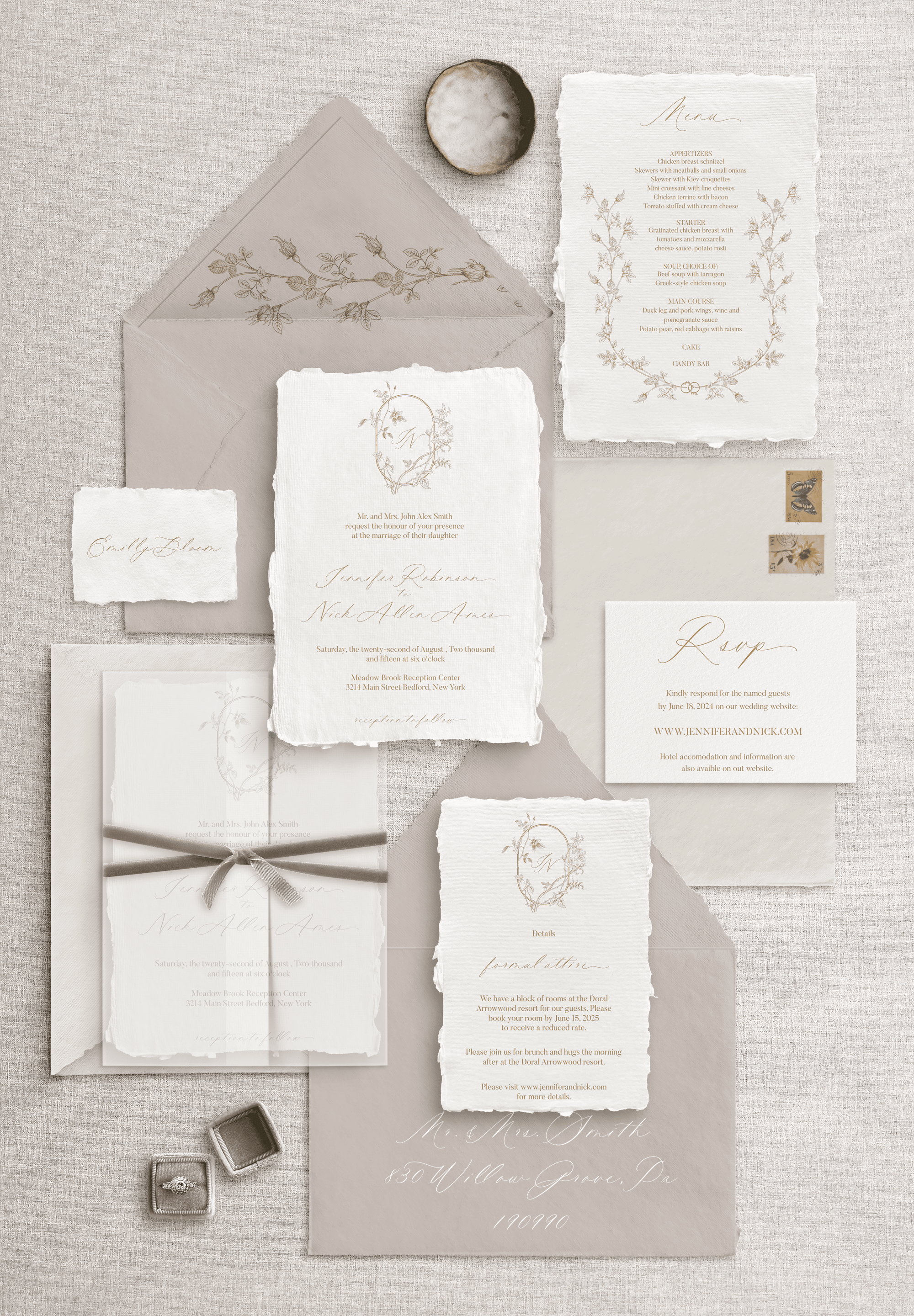 Invitație nuntă hârtie manuală handmade cu trandafiri florali romantici, set papetărie elegantă de lux fine art – Diandra Events