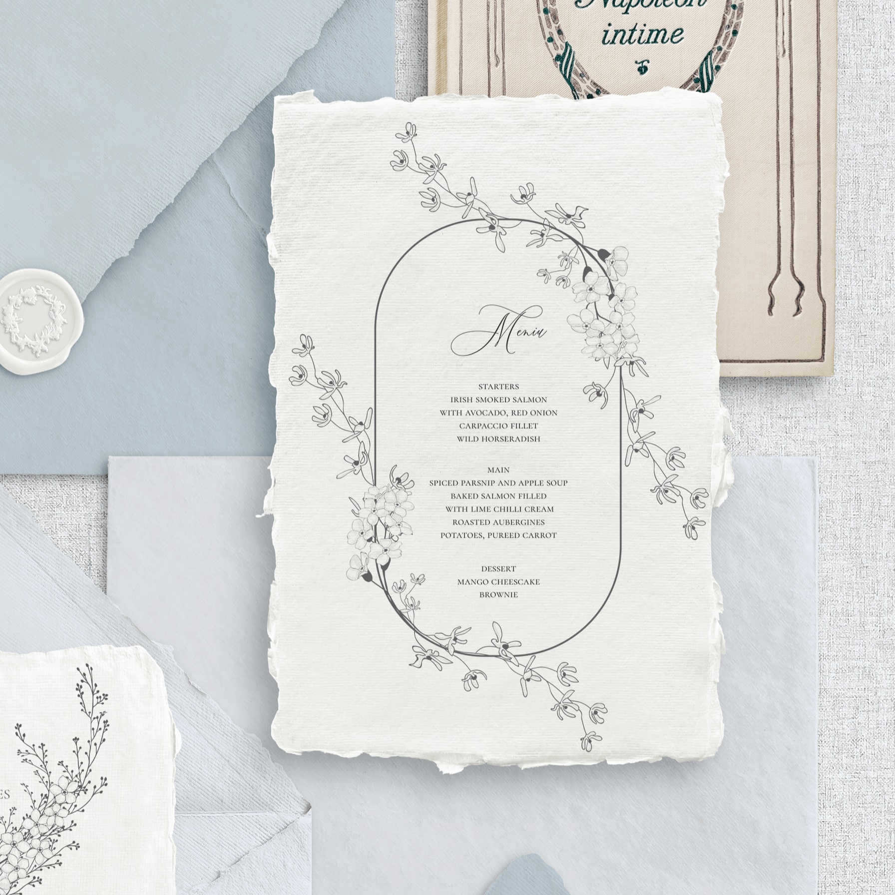 Invitație nuntă cu flori realizată handmade pe hârtie manuală, invitație personalizată premium Diandra Events