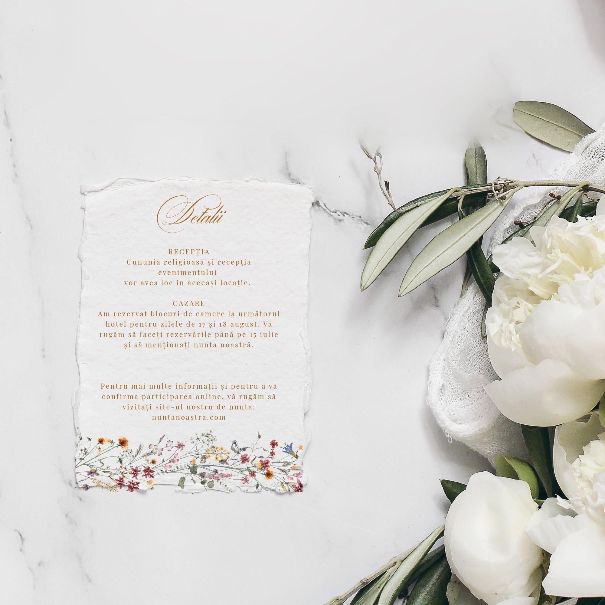 Card detalii nuntă floral elegant premium, realizat manual – Diandra Events