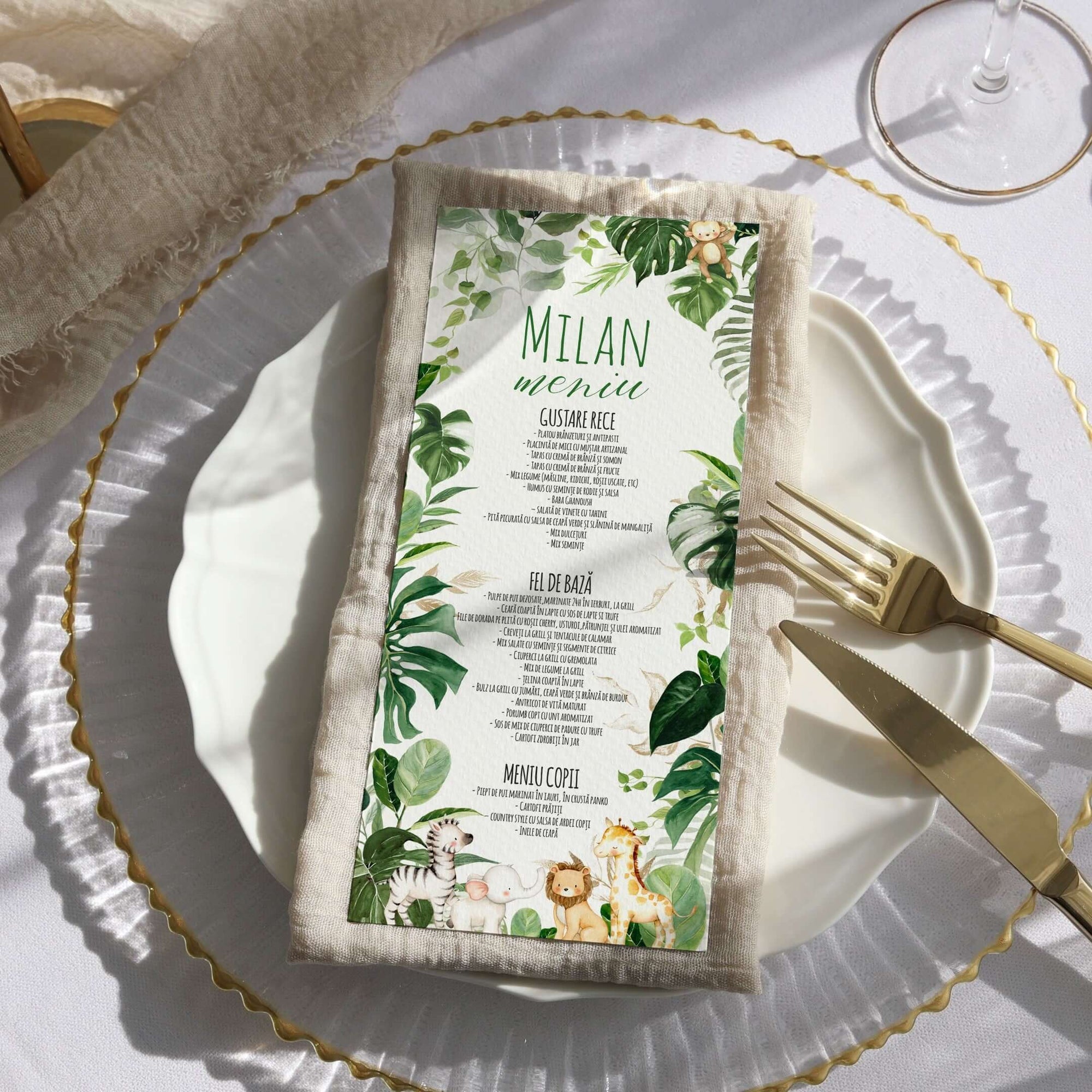 Meniu individual botez tematic jungle safari verde, personalizat cu animale, Diandra Events