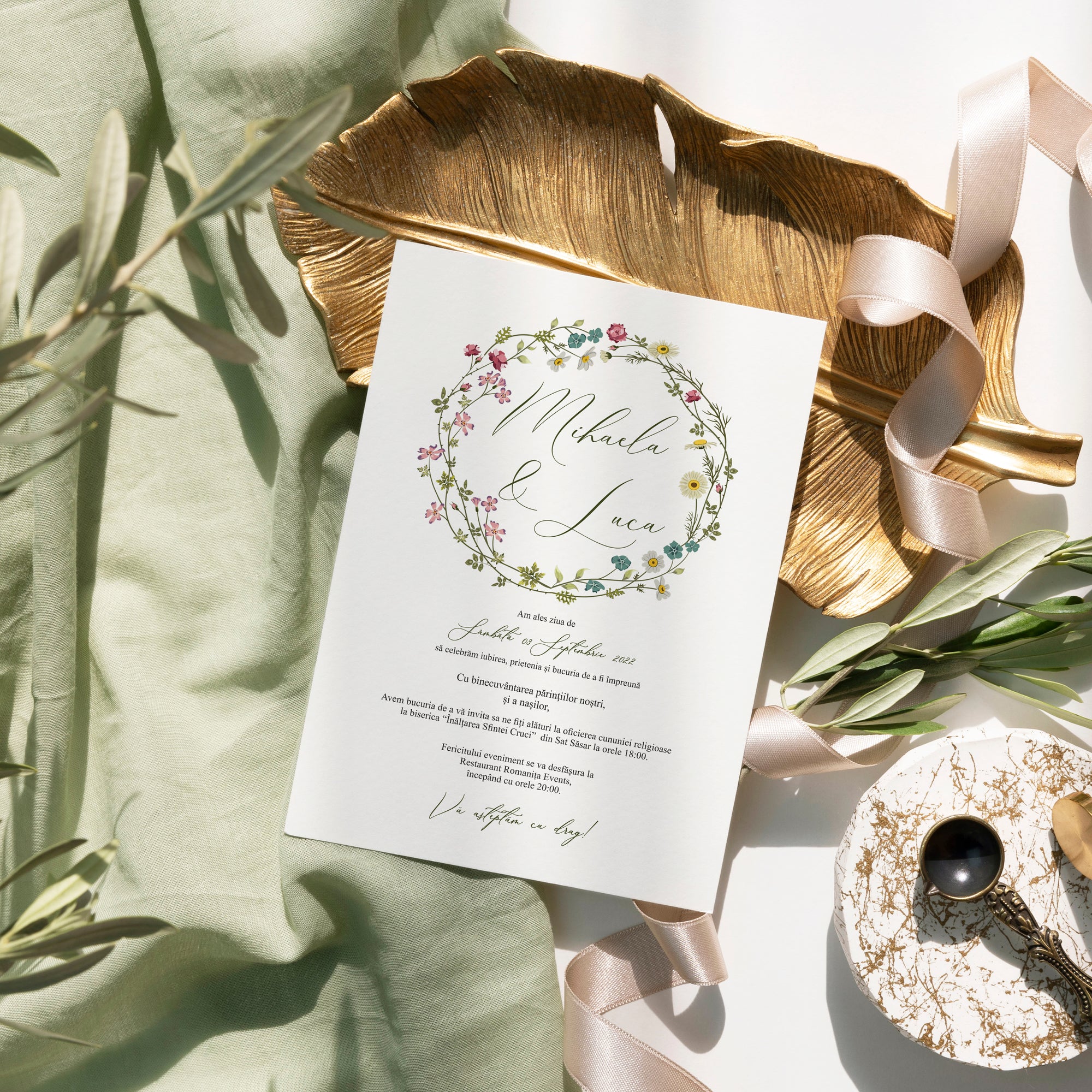 Invitație de nuntă florală rustică minimalistă pe hârtie premium elegantă – Diandra Events
