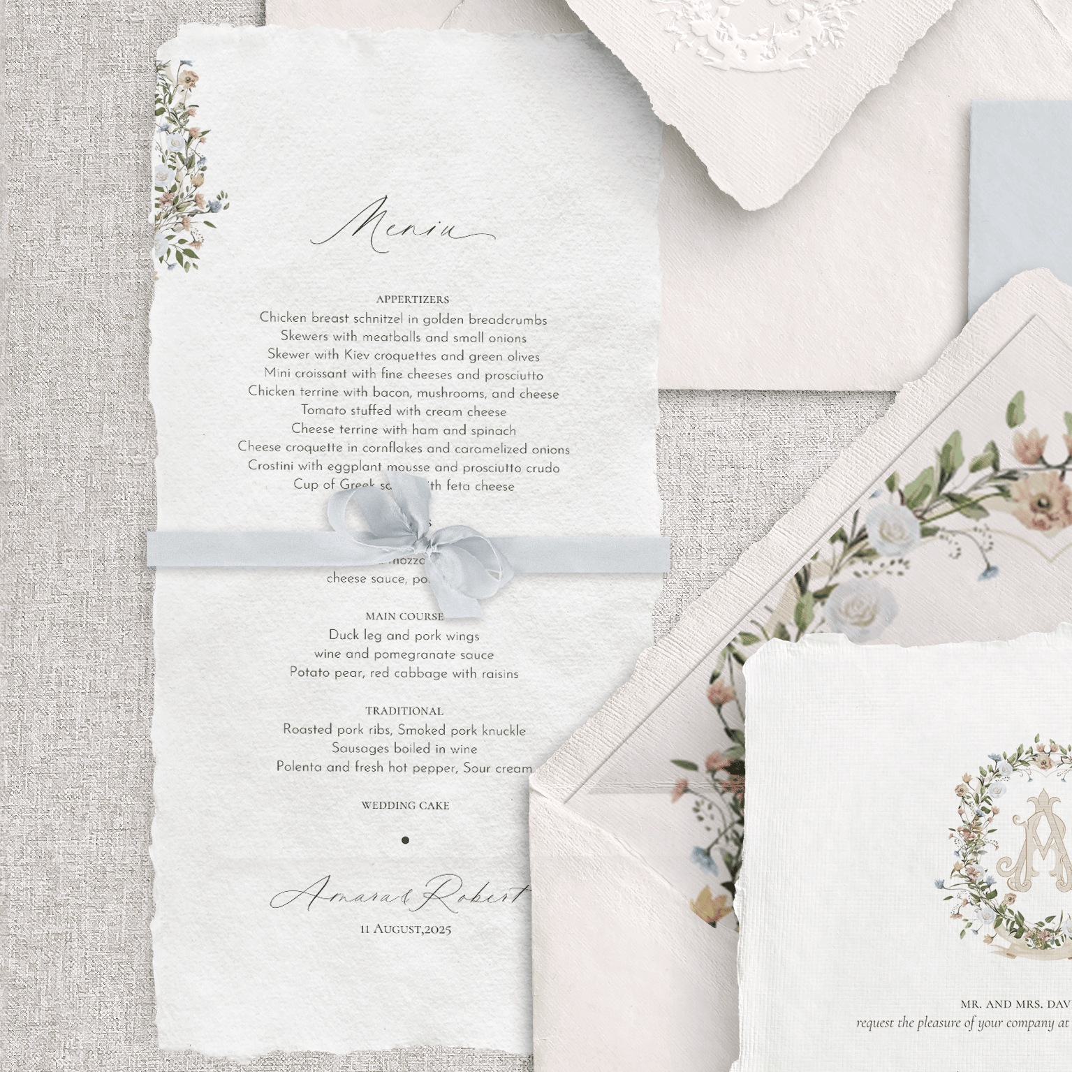 Meniu nuntă cu detalii acuarelă florală și monogramă personalizată, realizat manual de Diandra Events