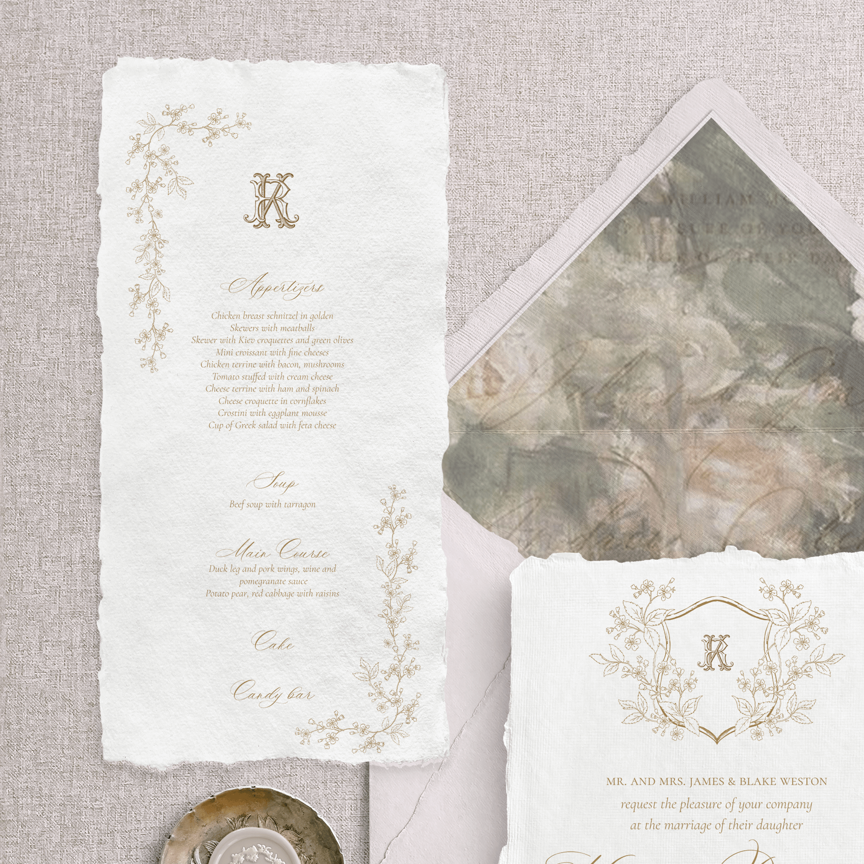 Papetărie de nuntă florală fine art pe hârtie manuală alb ivoire – invitații personalizate Diandra Events