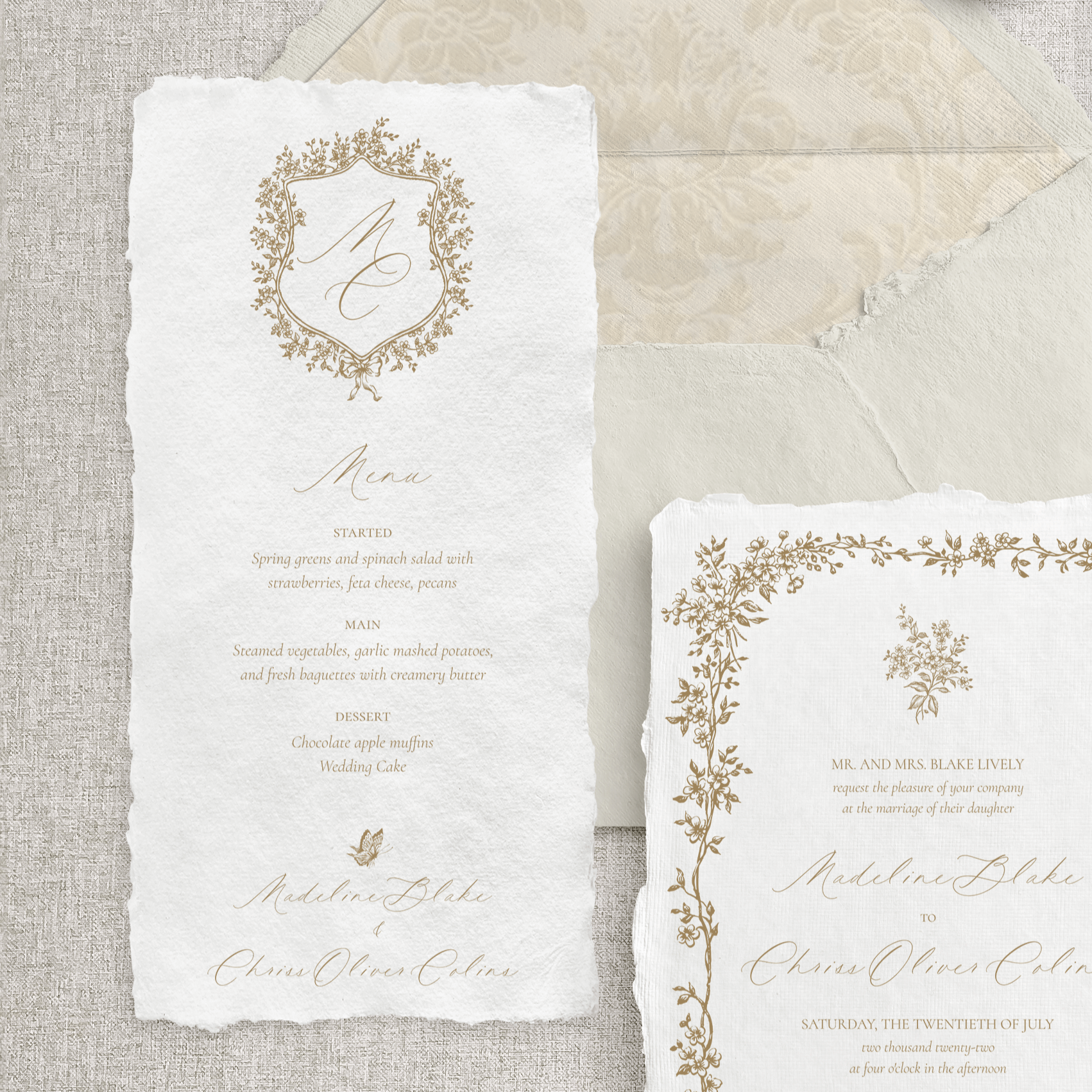 Papetărie premium pentru nuntă – invitație handmade cu emboss auriu și margini deckle edge – Diandra Events