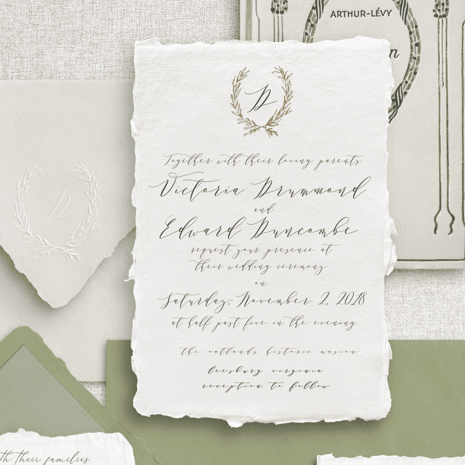 Invitații handmade elegante în nuanță sage green cu monogramă personalizată – fine art Diandra Events