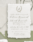 Invitații handmade elegante în nuanță sage green cu monogramă personalizată – fine art Diandra Events