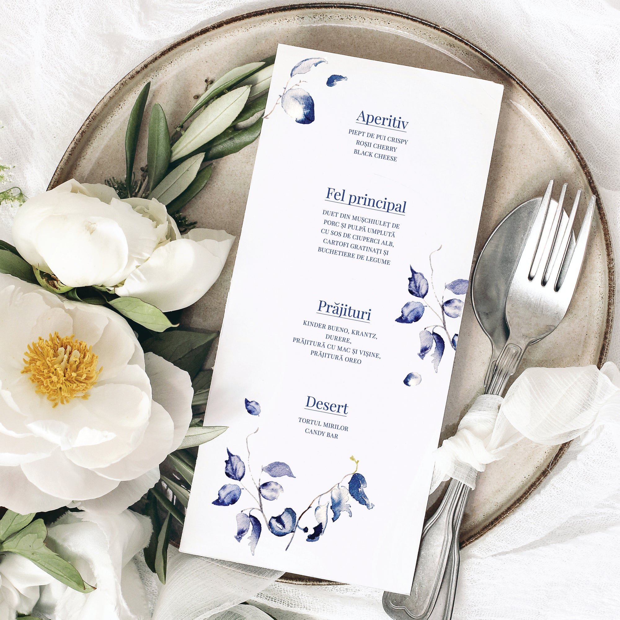 Meniu carton premium individual cu imprimeu floral clasic – Diandra Events.