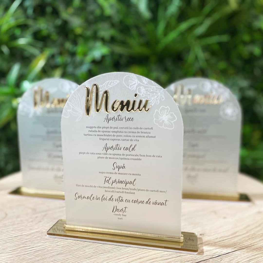 Meniu nuntă personalizat din acril transparent pentru decor elegant Diandra Events