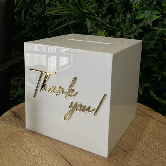 Cutie dar plexiglas nuntă, elegantă și spațioasă, 25x25x25 cm, decor premium realizat de Diandra Events