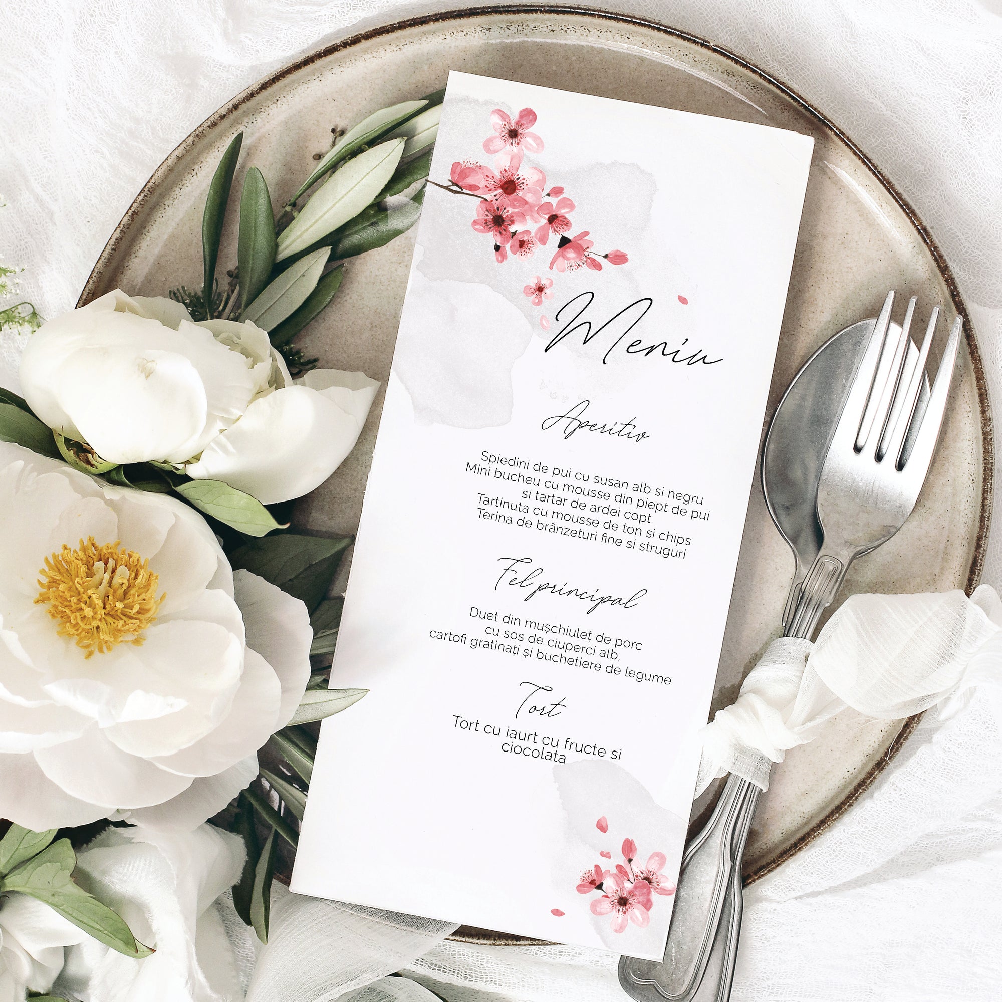 Meniu carton premium individual cu grafică florală artistică – Diandra Events.