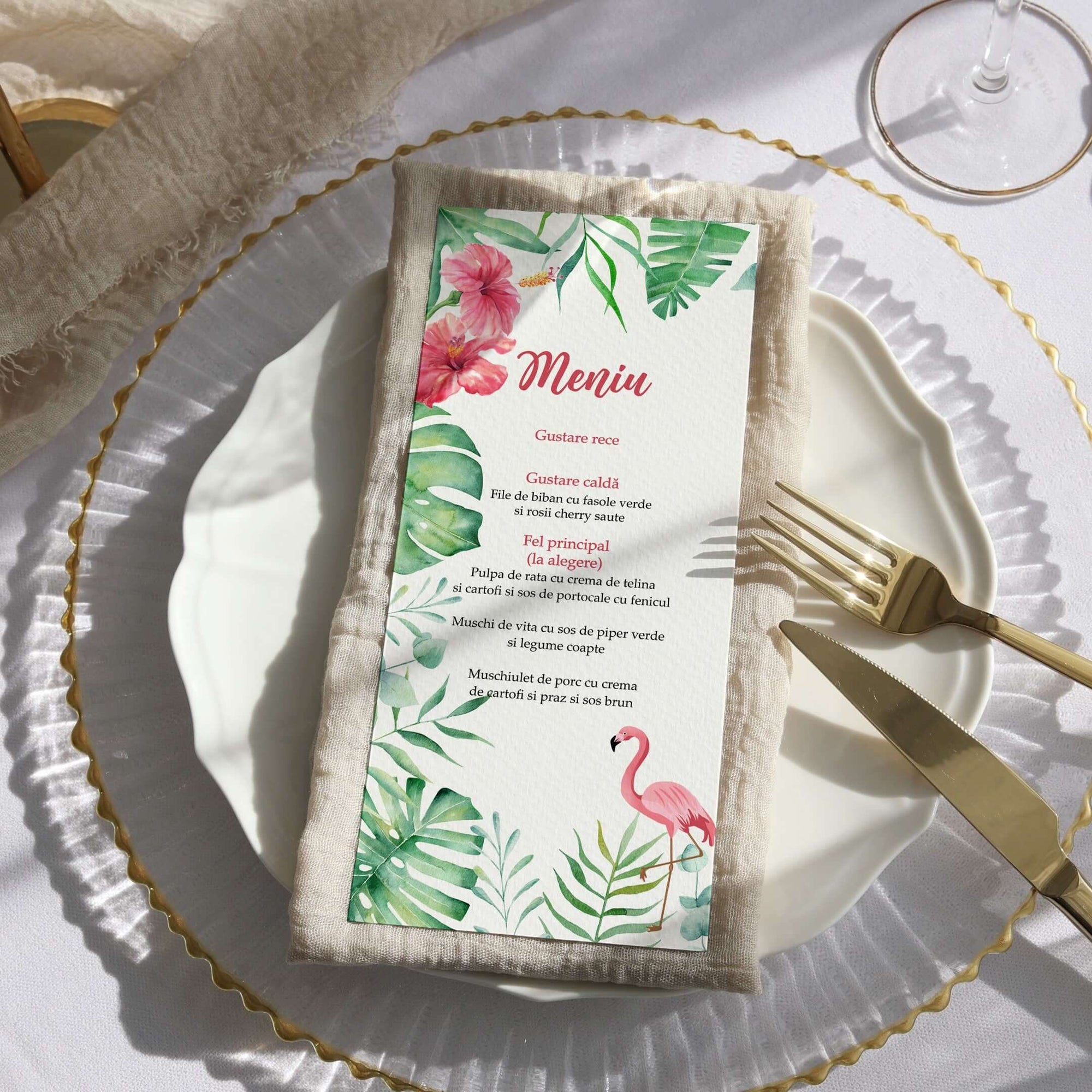 Meniu individual botez flamingo tropical, design floral personalizat, Diandra Events