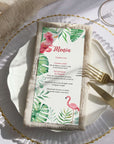 Meniu individual botez flamingo tropical, design floral personalizat, Diandra Events