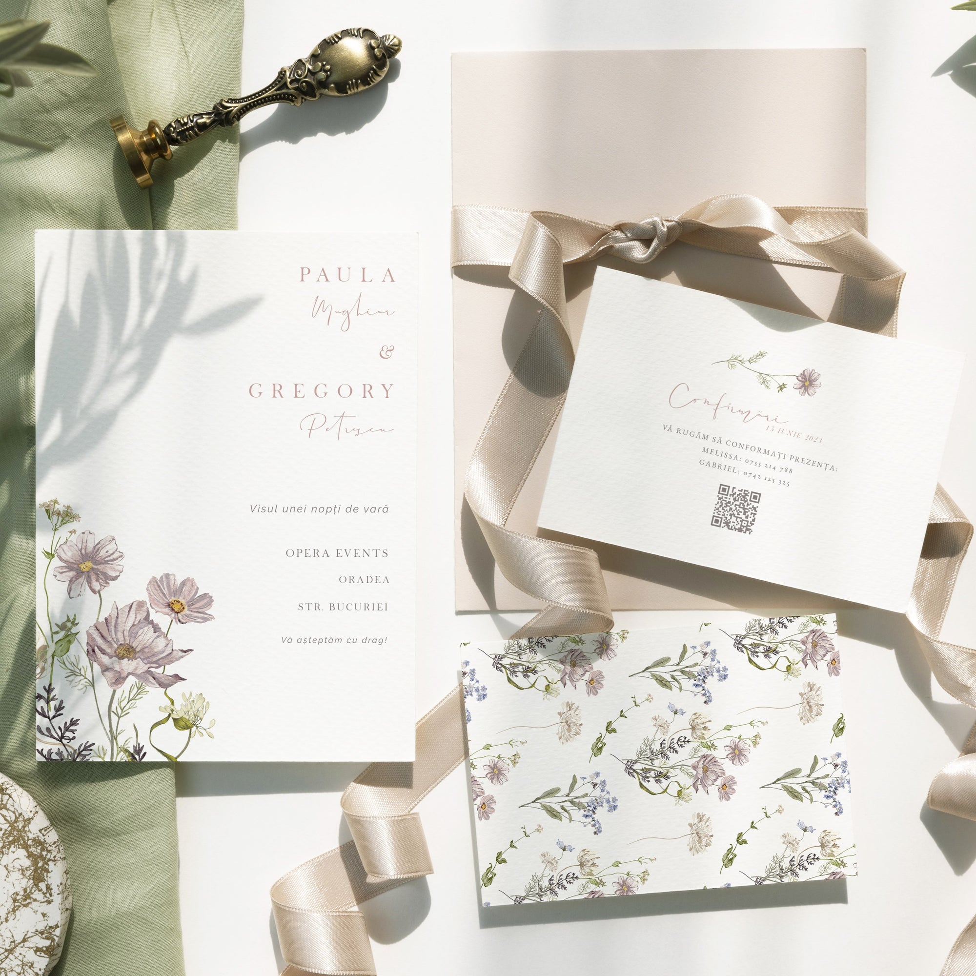 Card detalii și card confirmare nuntă pe aceeași pagină, papetărie elegantă de lux – Diandra Events