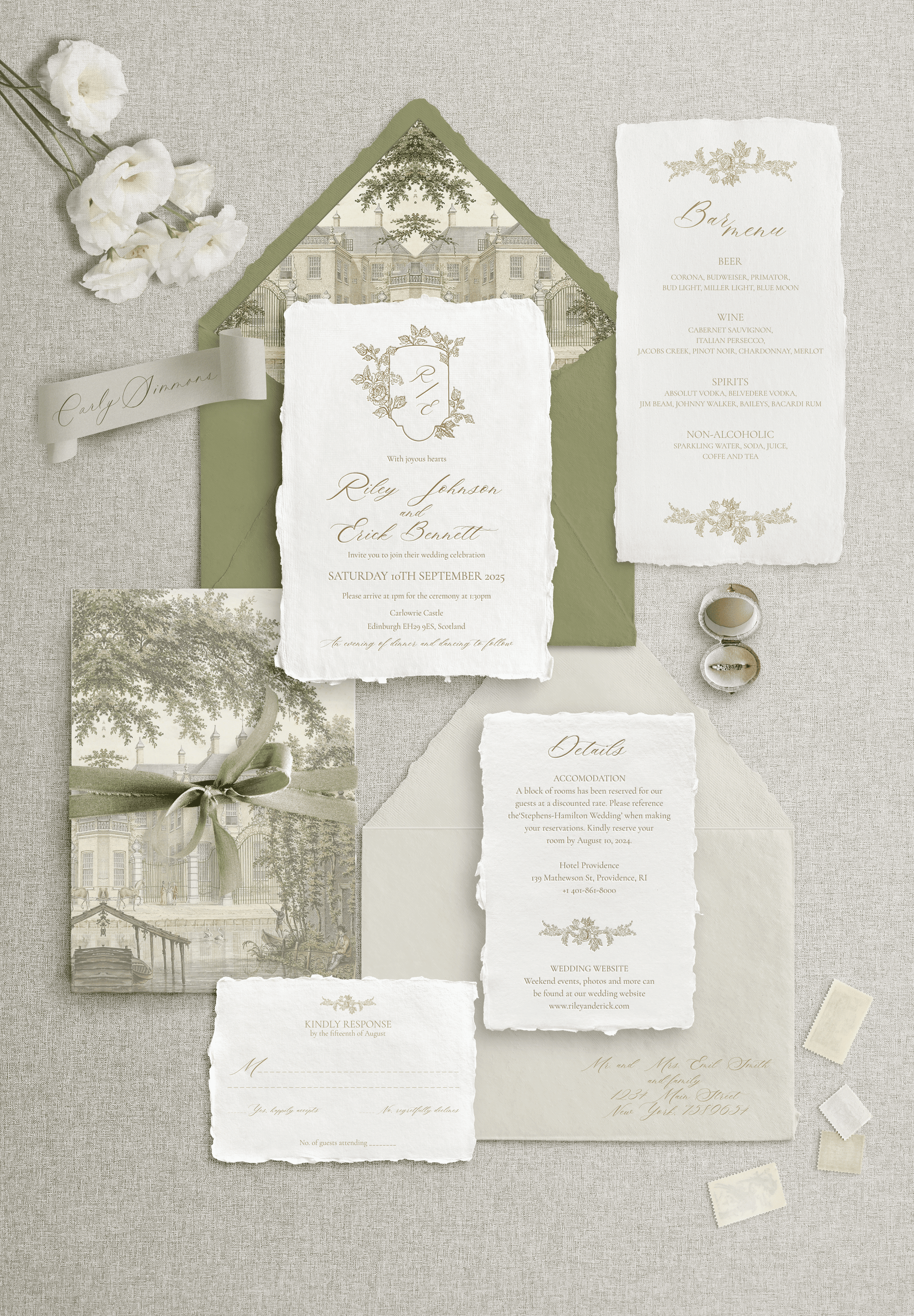 Set invitație nuntă hârtie manuală handmade cu trandafiri eleganți, papetărie de lux florală fine art – Diandra Events