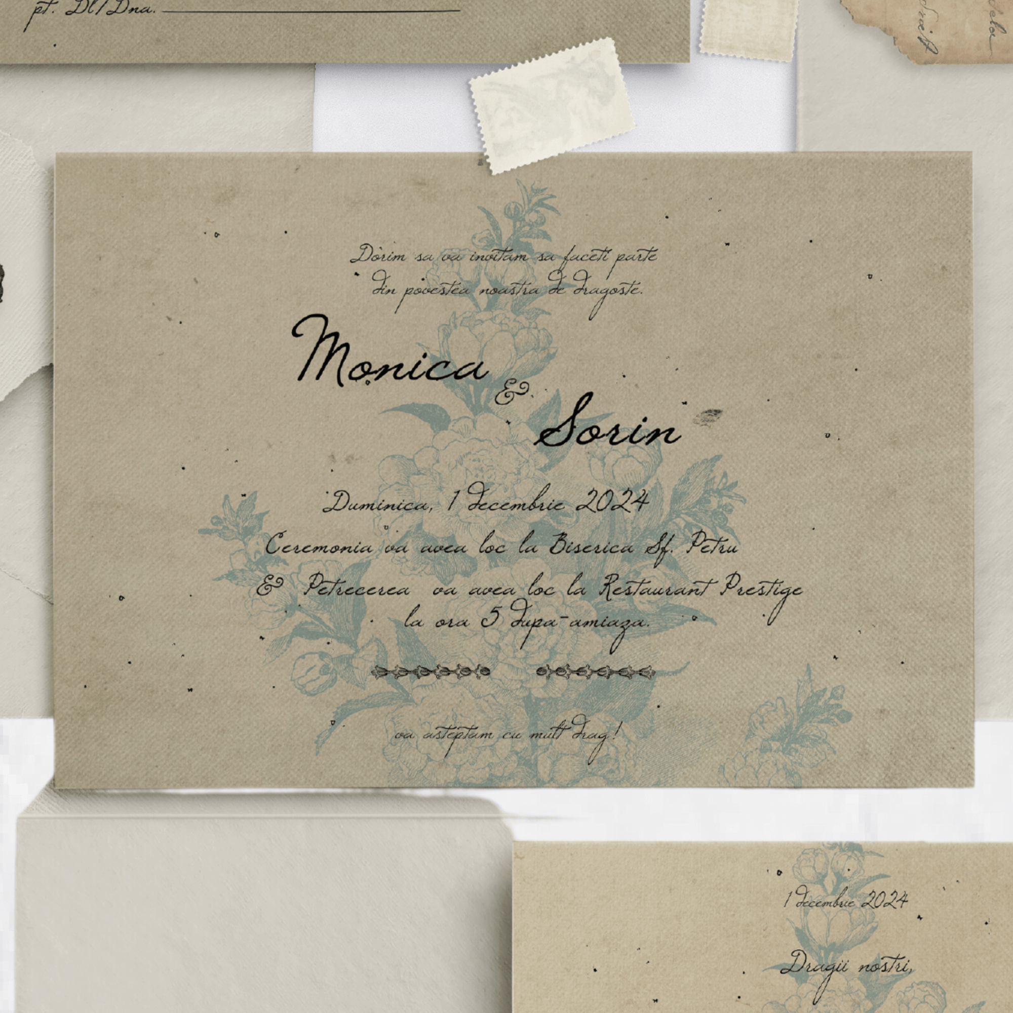 Set invitații nuntă vintage elegante pe hârtie handmade cu tipografie clasică – Diandra Events